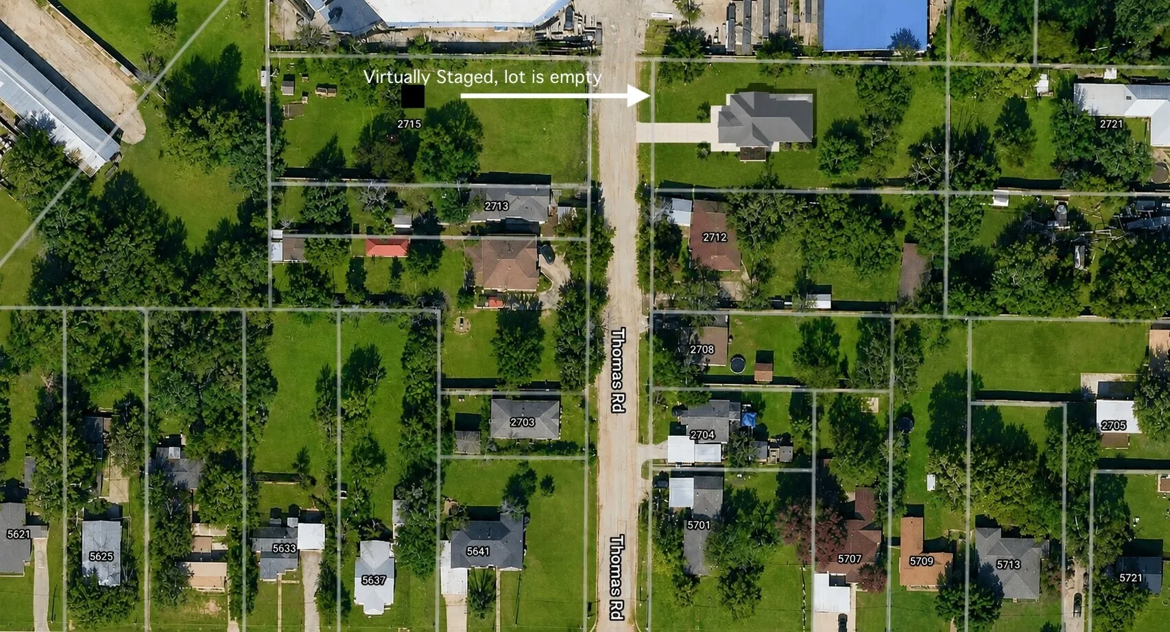Aerial Map. Illustrating the property's boundaries and surrounding parcels, with an indication of virtual staging for the vacant lot