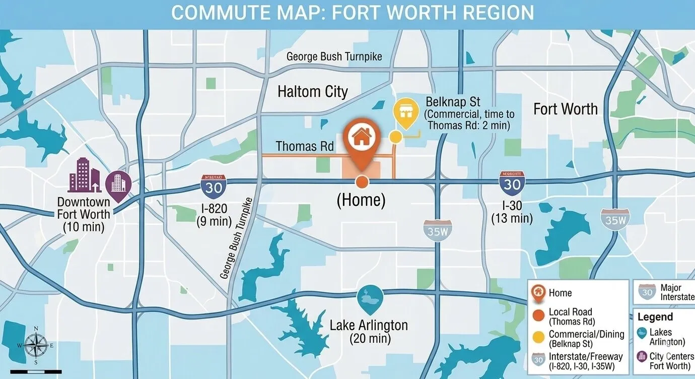 Commute Map. Illustrating travel times and routes within the Fort Worth region from the property