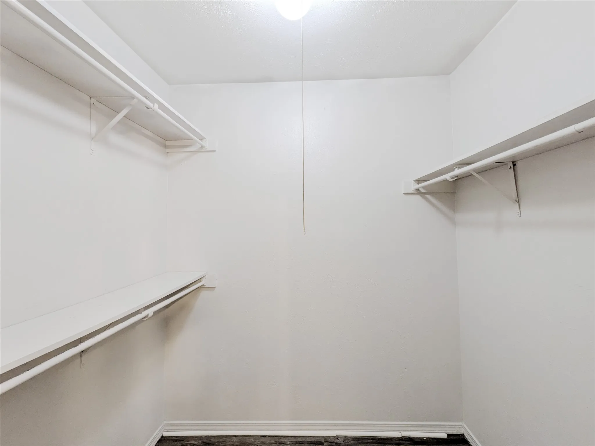Walk-in closet with white walls, upper shelving, and dark wood-finish flooring