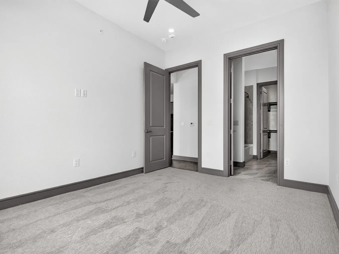 Light gray carpeting with contrasting dark gray trim and doors