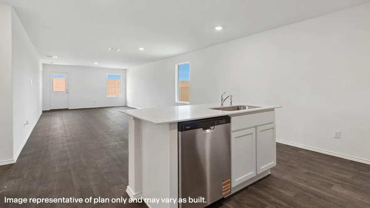Open-concept living space with dark wood-finish flooring, white walls, and recessed lighting
