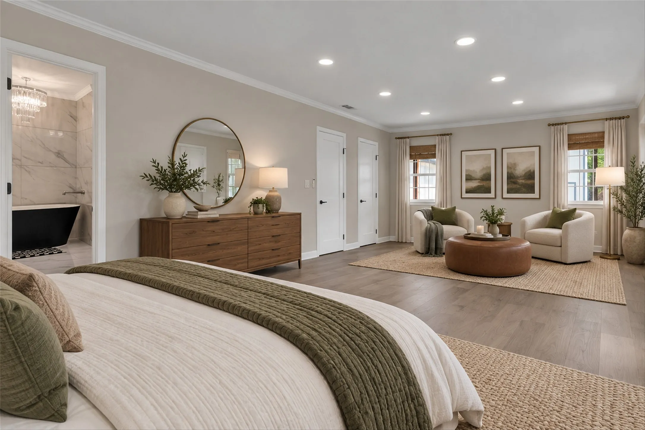Recessed lighting illuminates the spacious room with wood-finish flooring