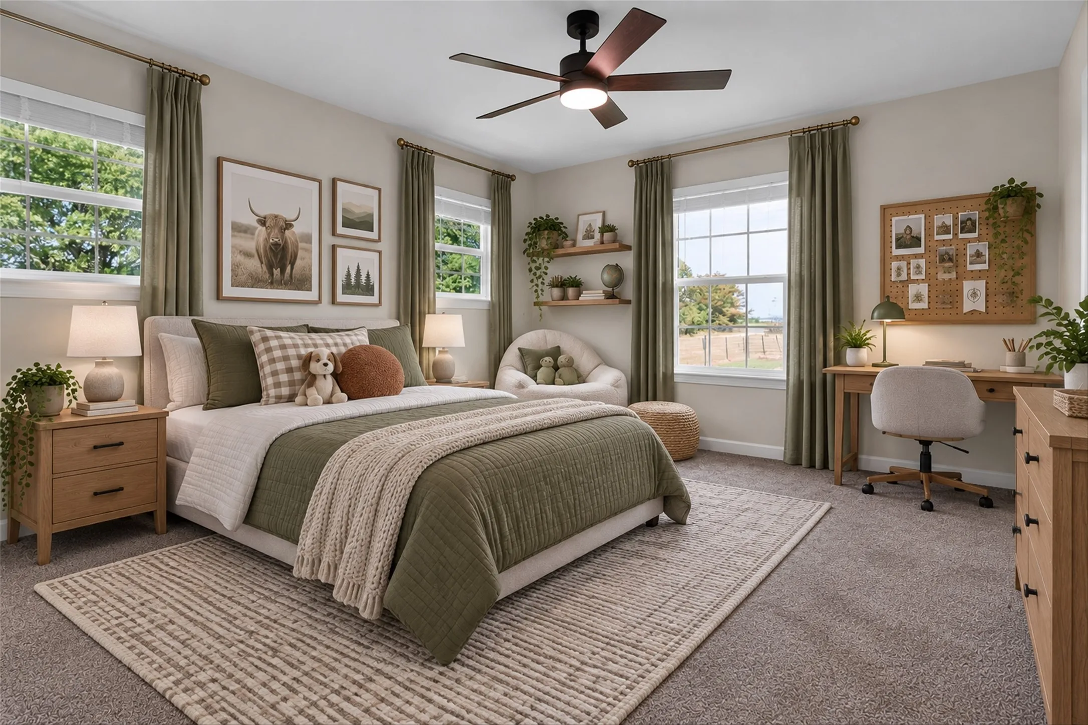 Plush carpeting, windows with exterior views, built-in shelving, and a ceiling fan with integrated lighting