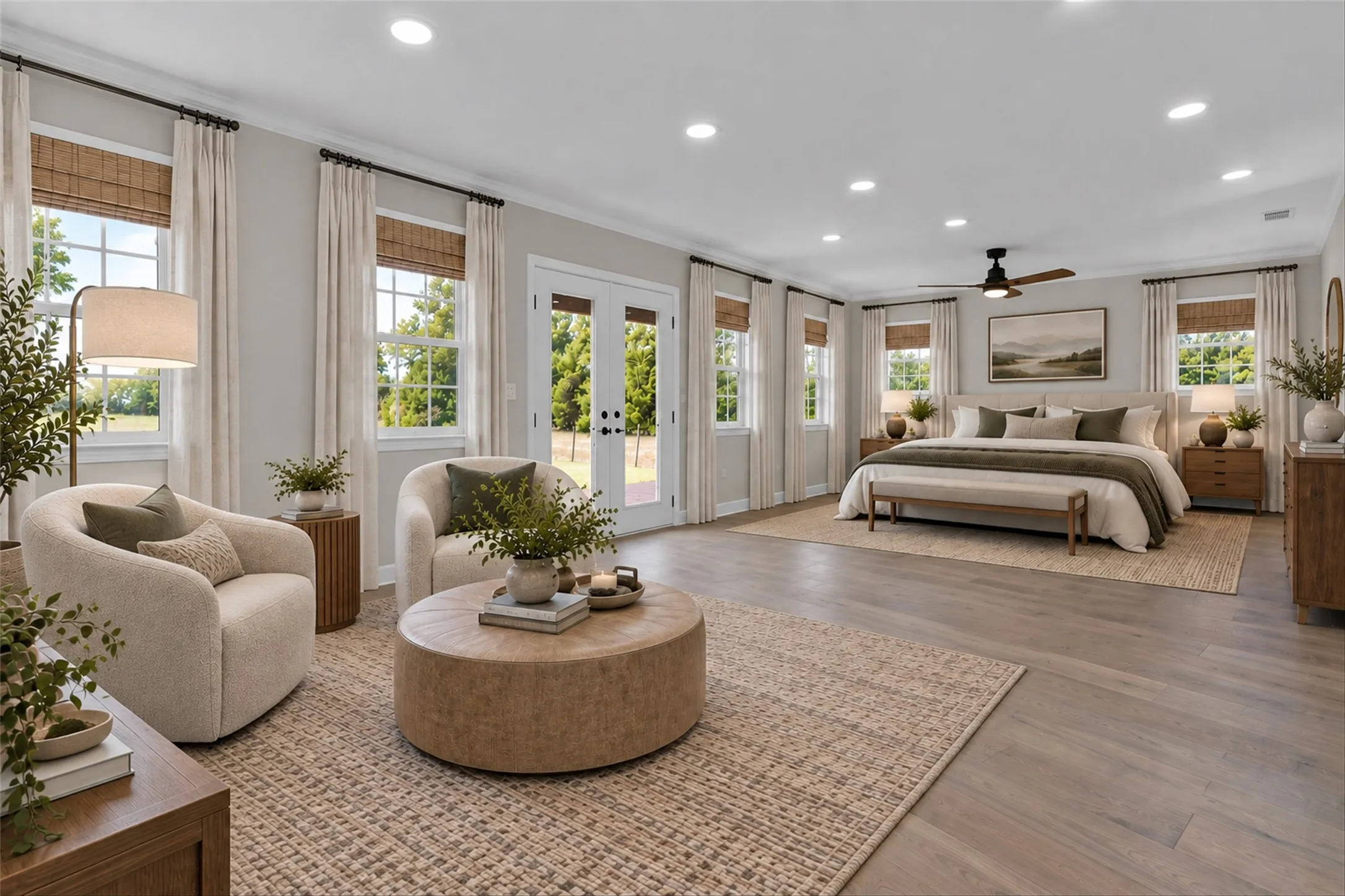 Recessed lighting, wood-finish flooring, ceiling fan, multiple windows with blinds, and French doors