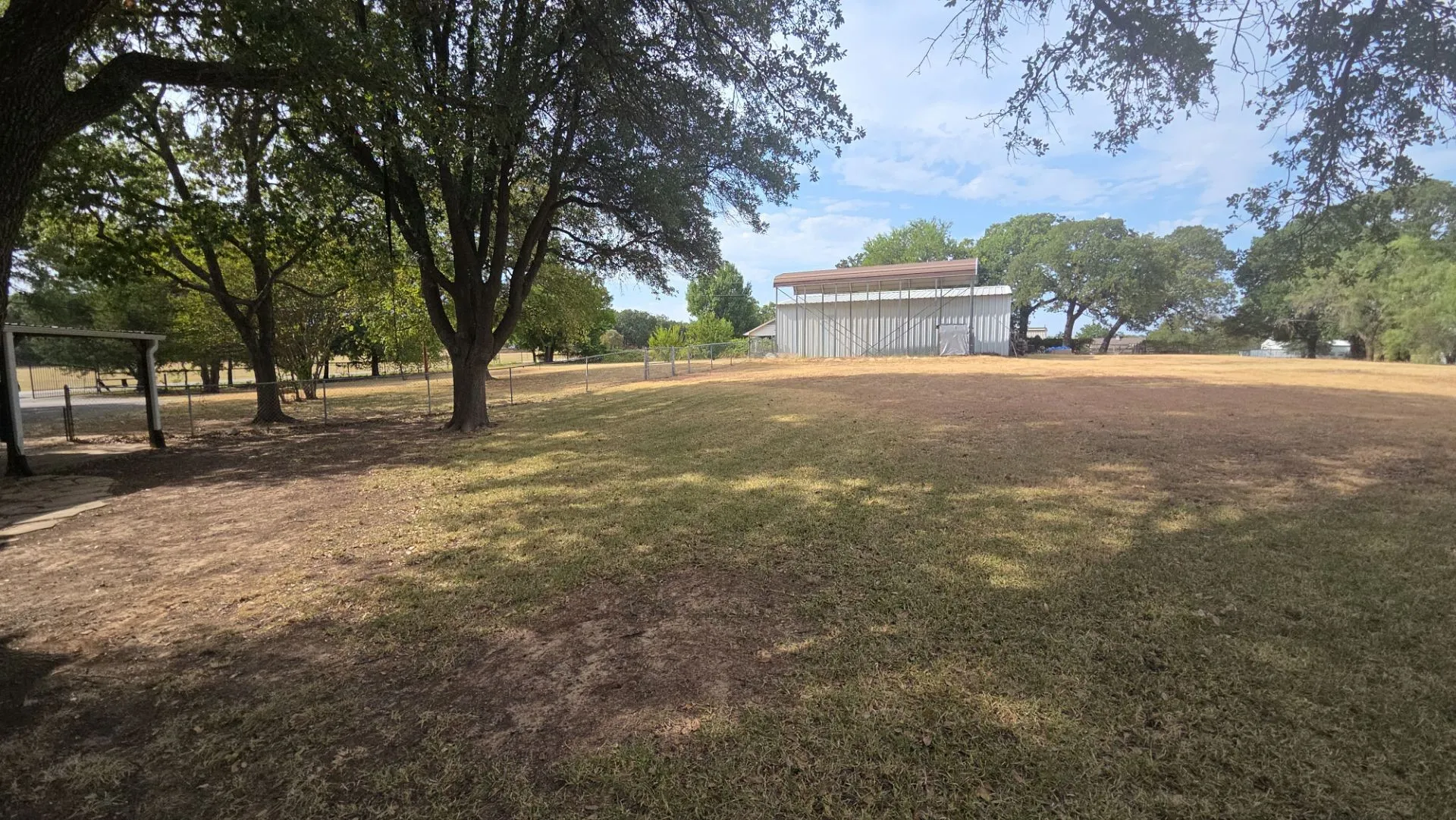 Expansive outdoor space featuring mature trees and a distant structure with a metal roof