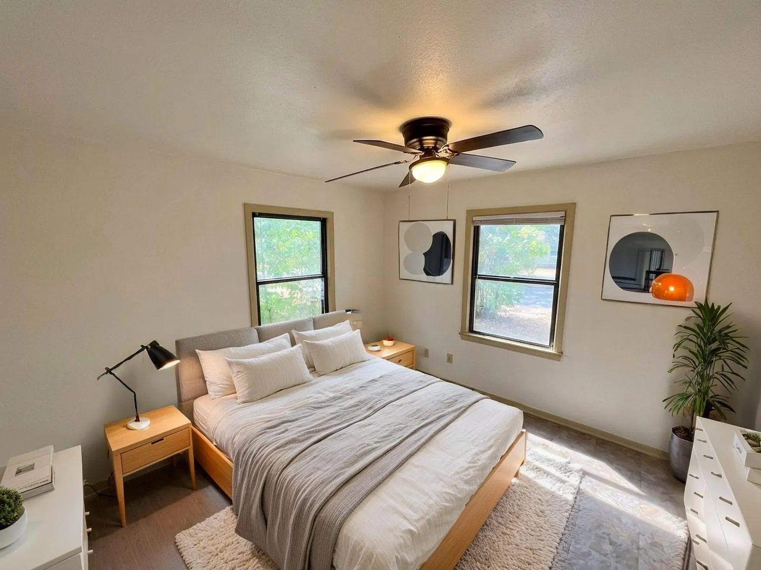 Virtually staged
Neutral wall paint, dual windows with wood-finish trim, and a ceiling fan with integrated lighting