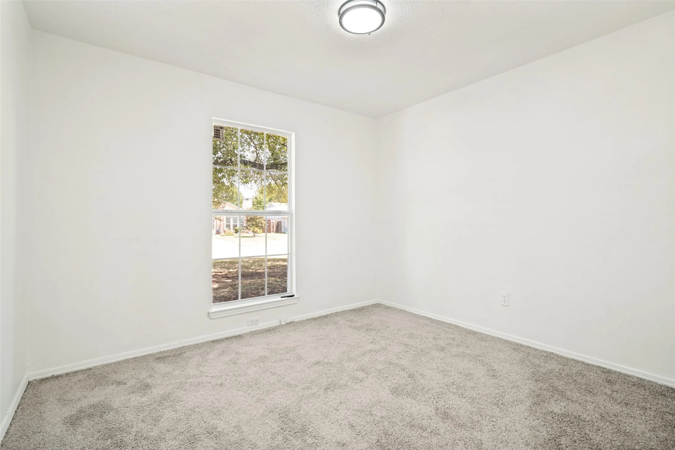 Neutral wall paint, plush carpeting, ceiling-mounted light fixture, and a window with white trim