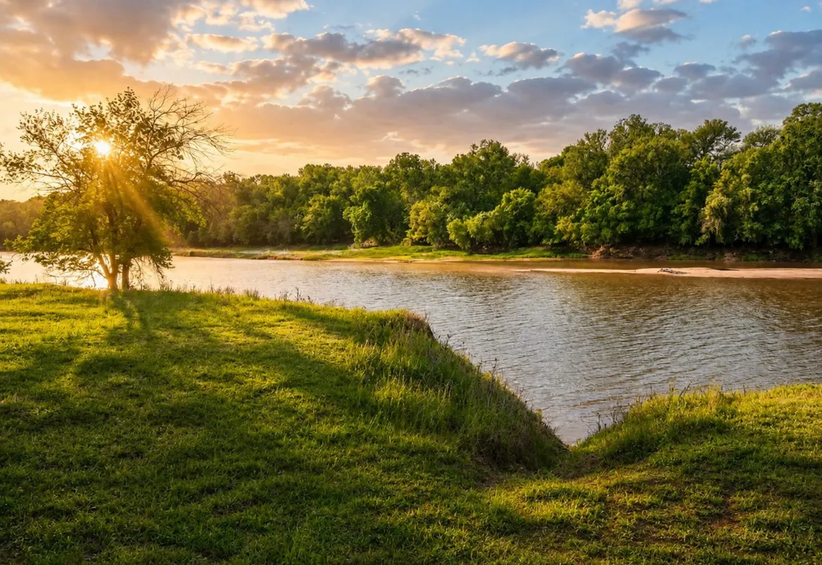 Riverside setting featuring an expansive grassy bank, mature trees, and natural shoreline