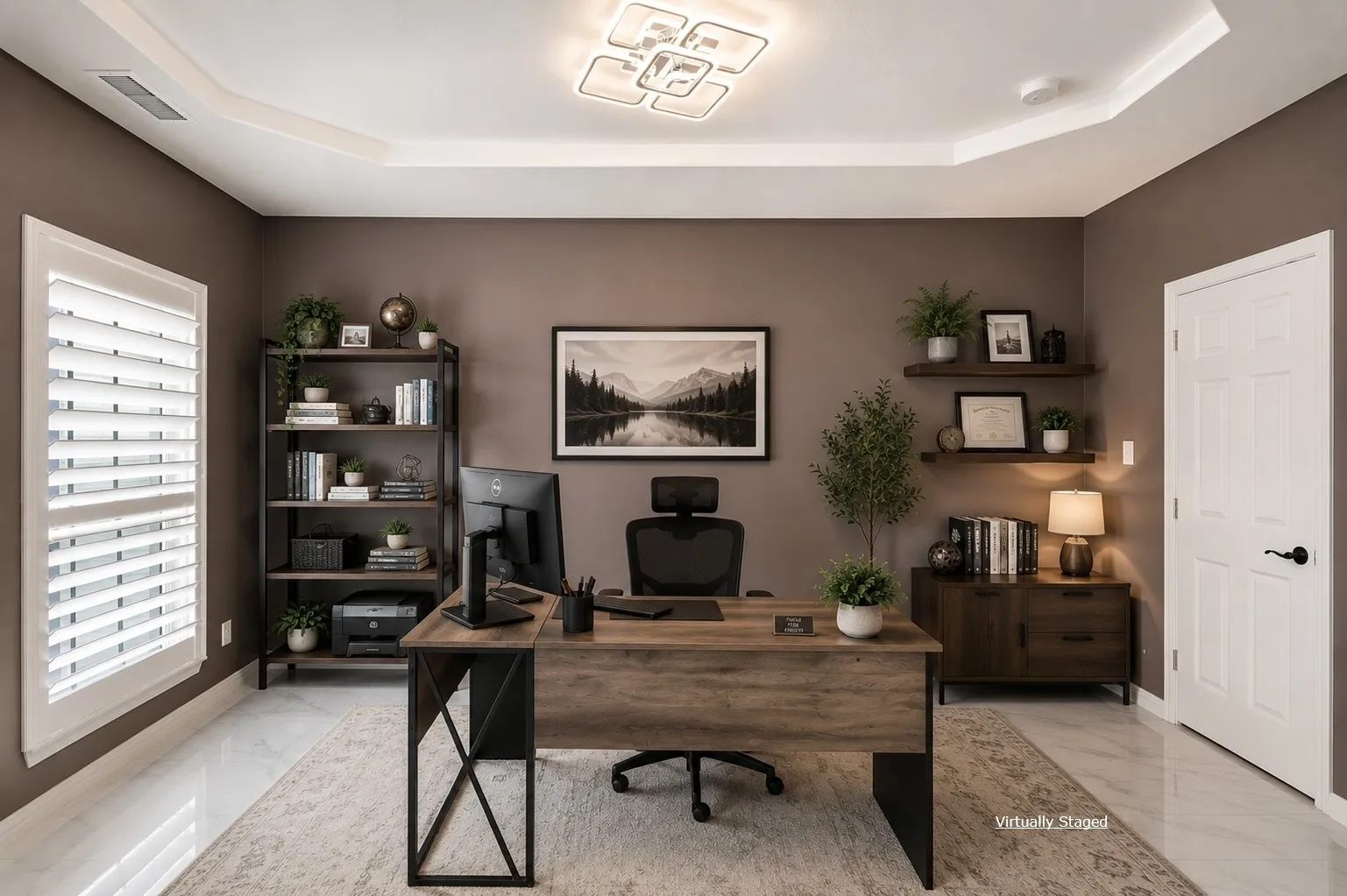 Tray ceiling with a modern flush-mount light fixture