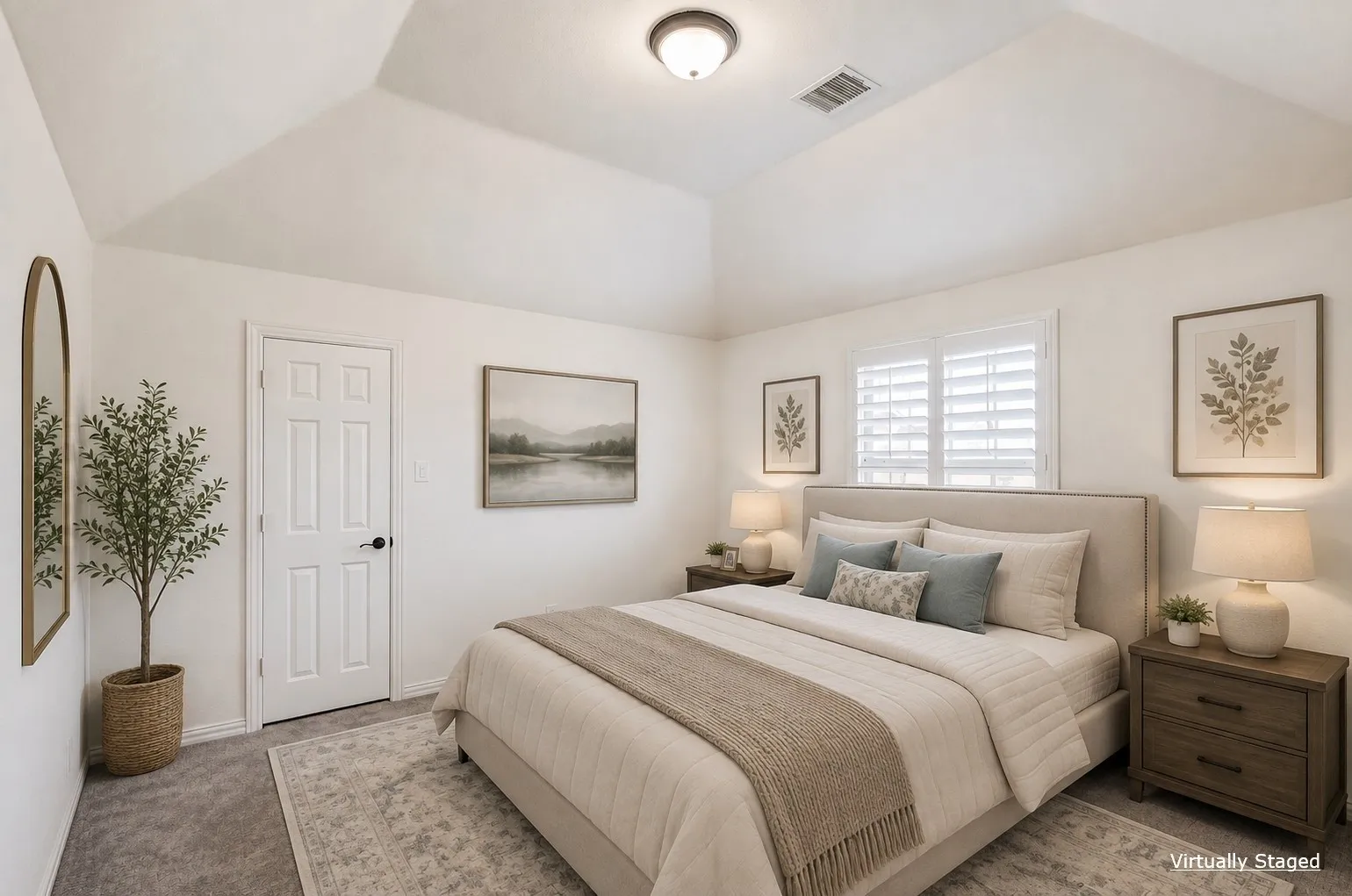 Tray ceiling, carpeted flooring, window with plantation shutters, paneled interior door, and ceiling-mounted light fixture
