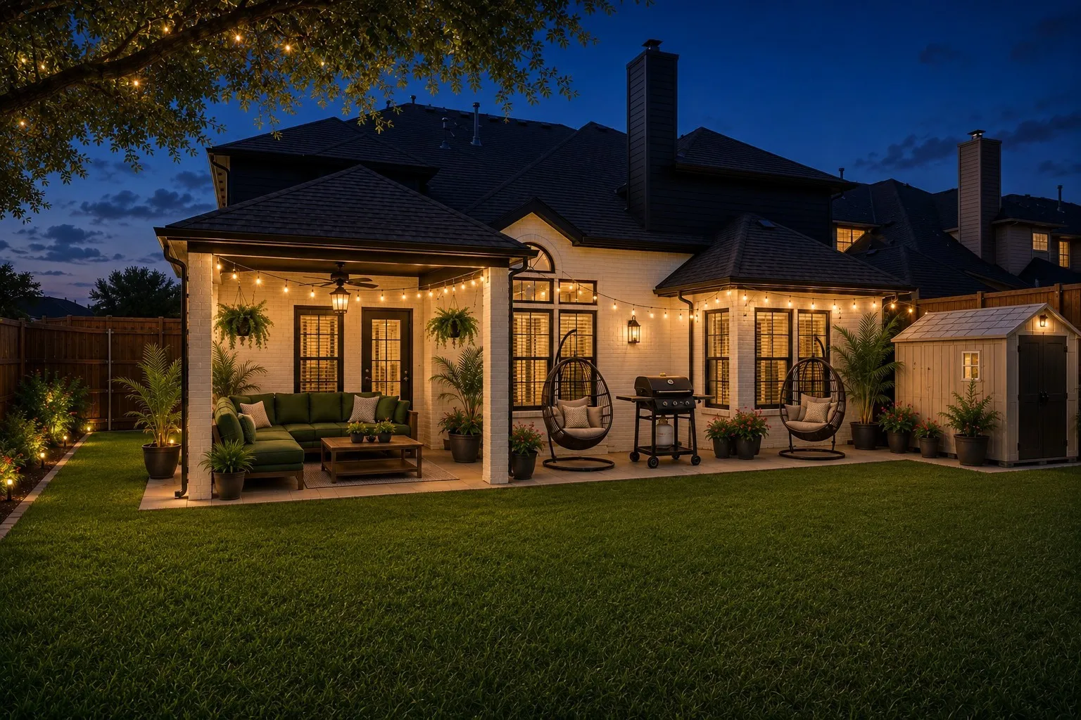 Expansive backyard featuring a covered patio, paved hardscaping, a detached storage shed, and a privacy fence