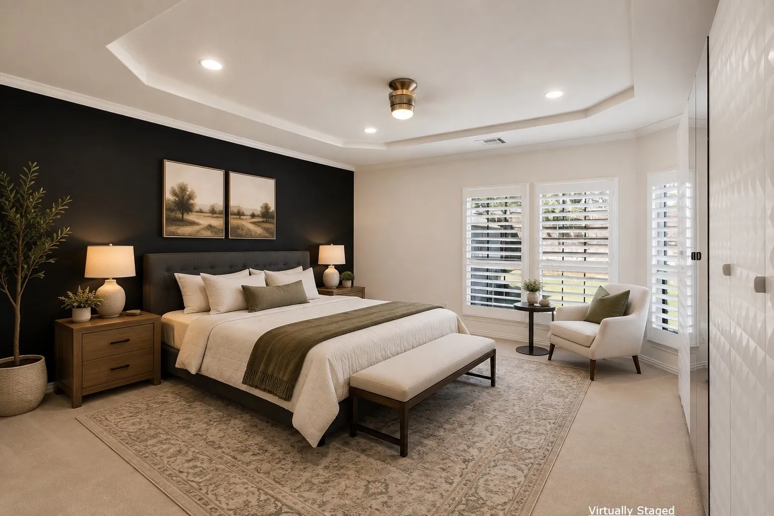 Tray ceiling with recessed lighting and crown molding