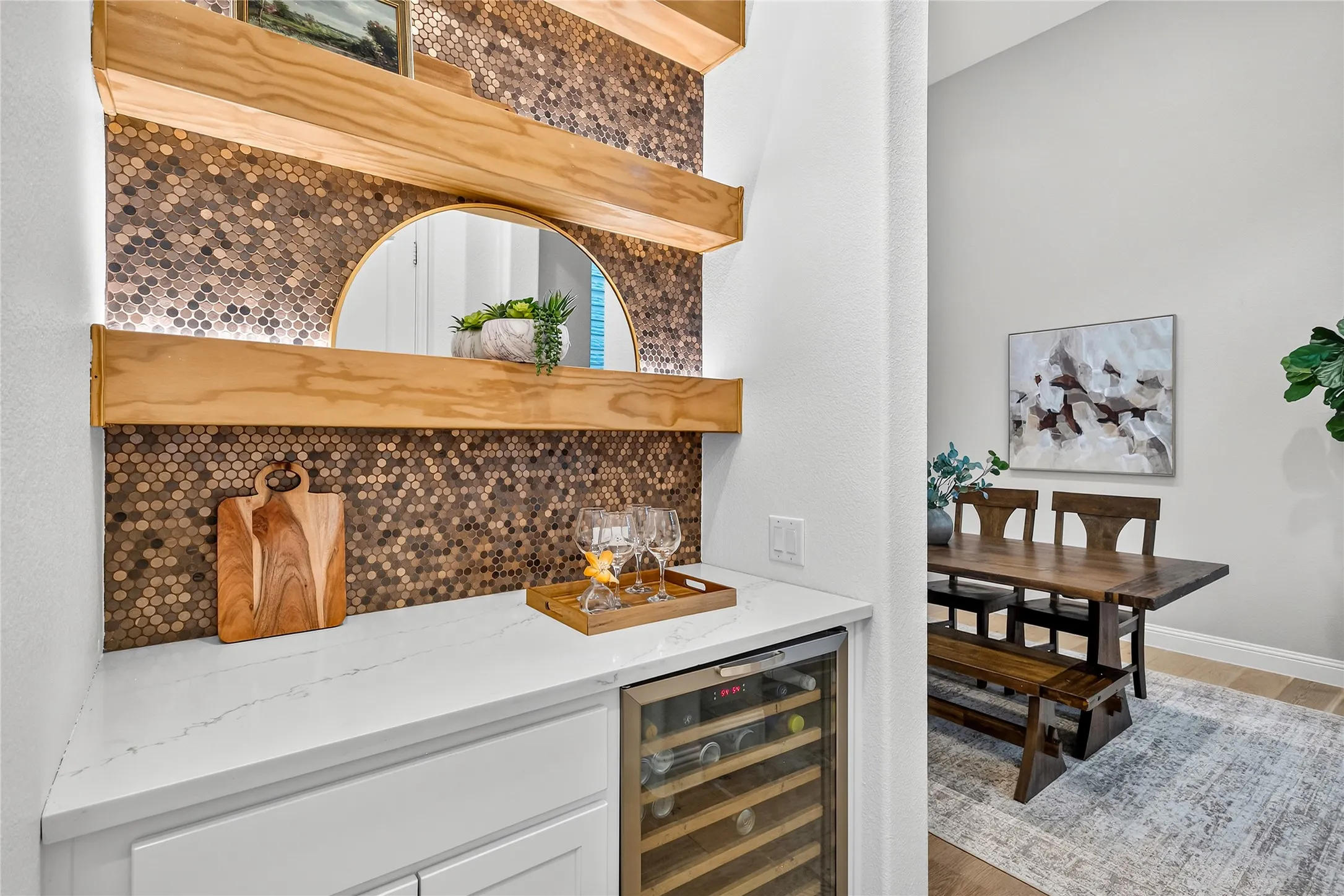 Copper penny bar at the butler pantry connecting the kitchen to formal dining or sitting room