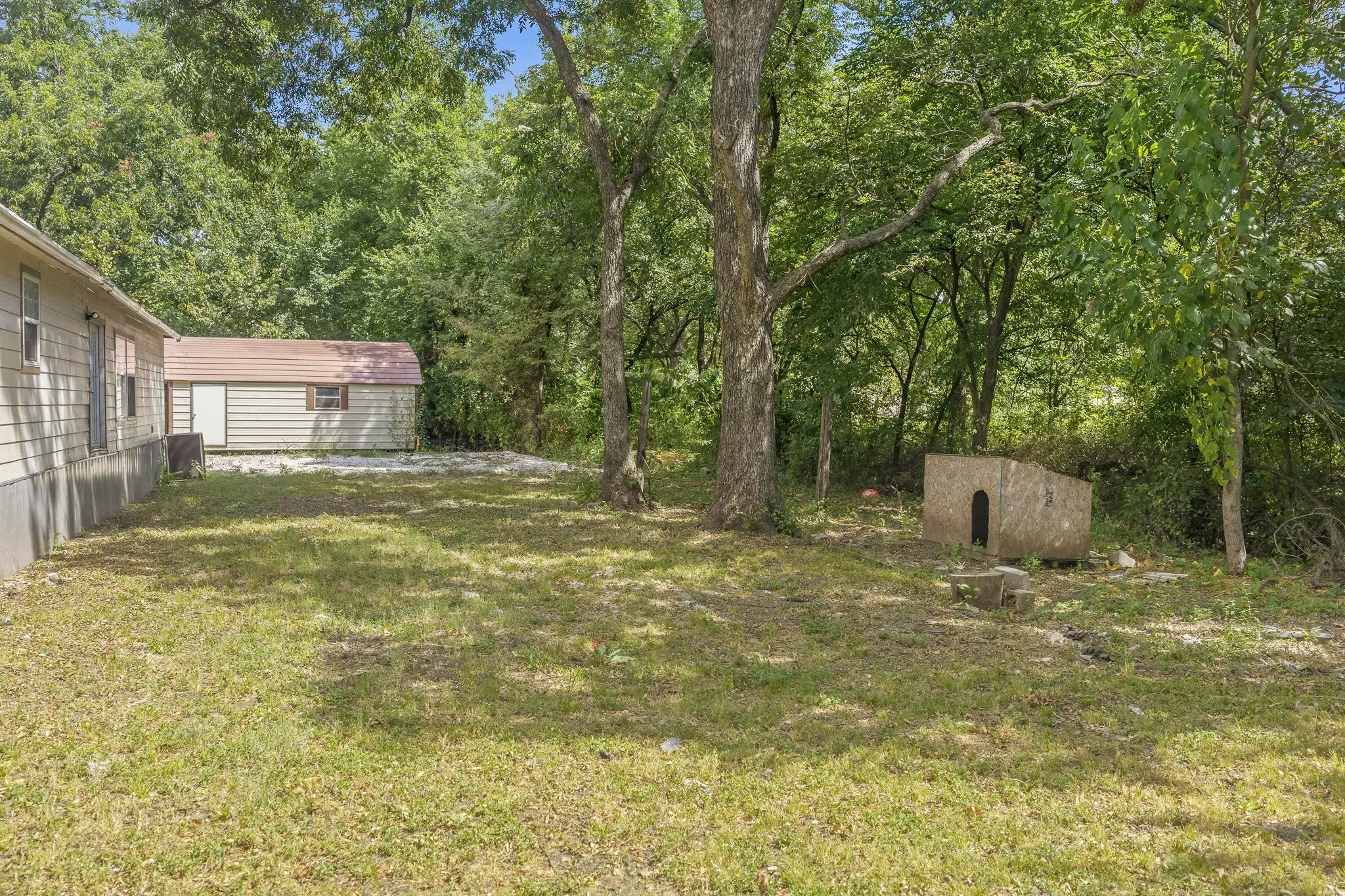 Expansive grassy yard with mature trees and a detached shed
