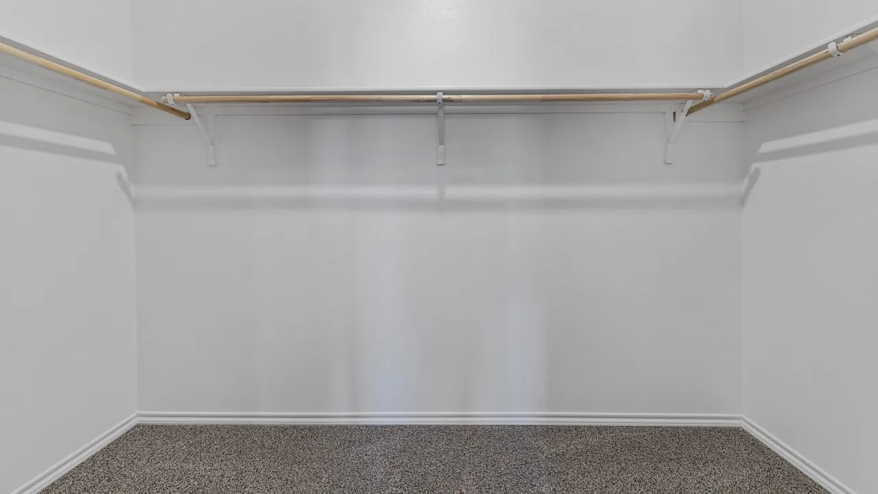 Walk-in closet with light-toned carpeting and wood-finish hanging rods