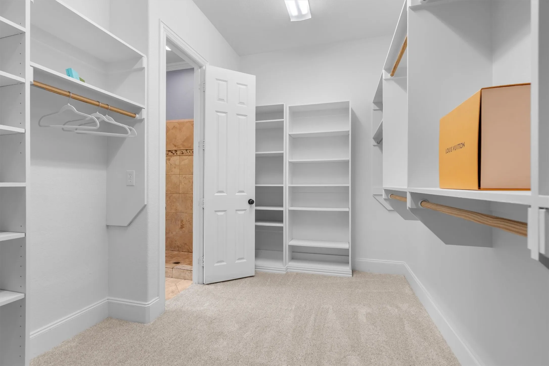 Primary suite walk-in closet with custom shelving and ample storage