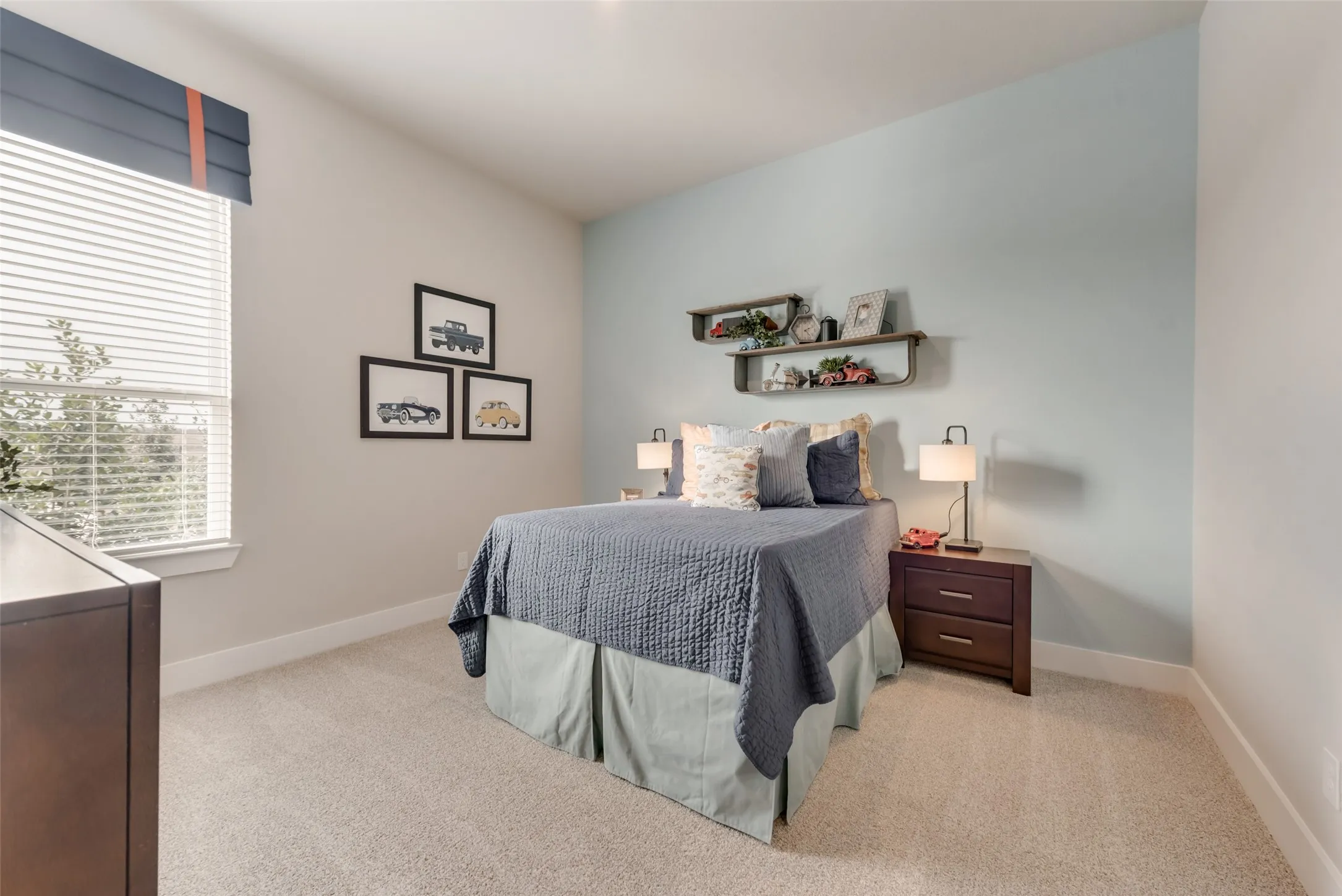 Carpeted flooring, window with blinds, and recessed lighting