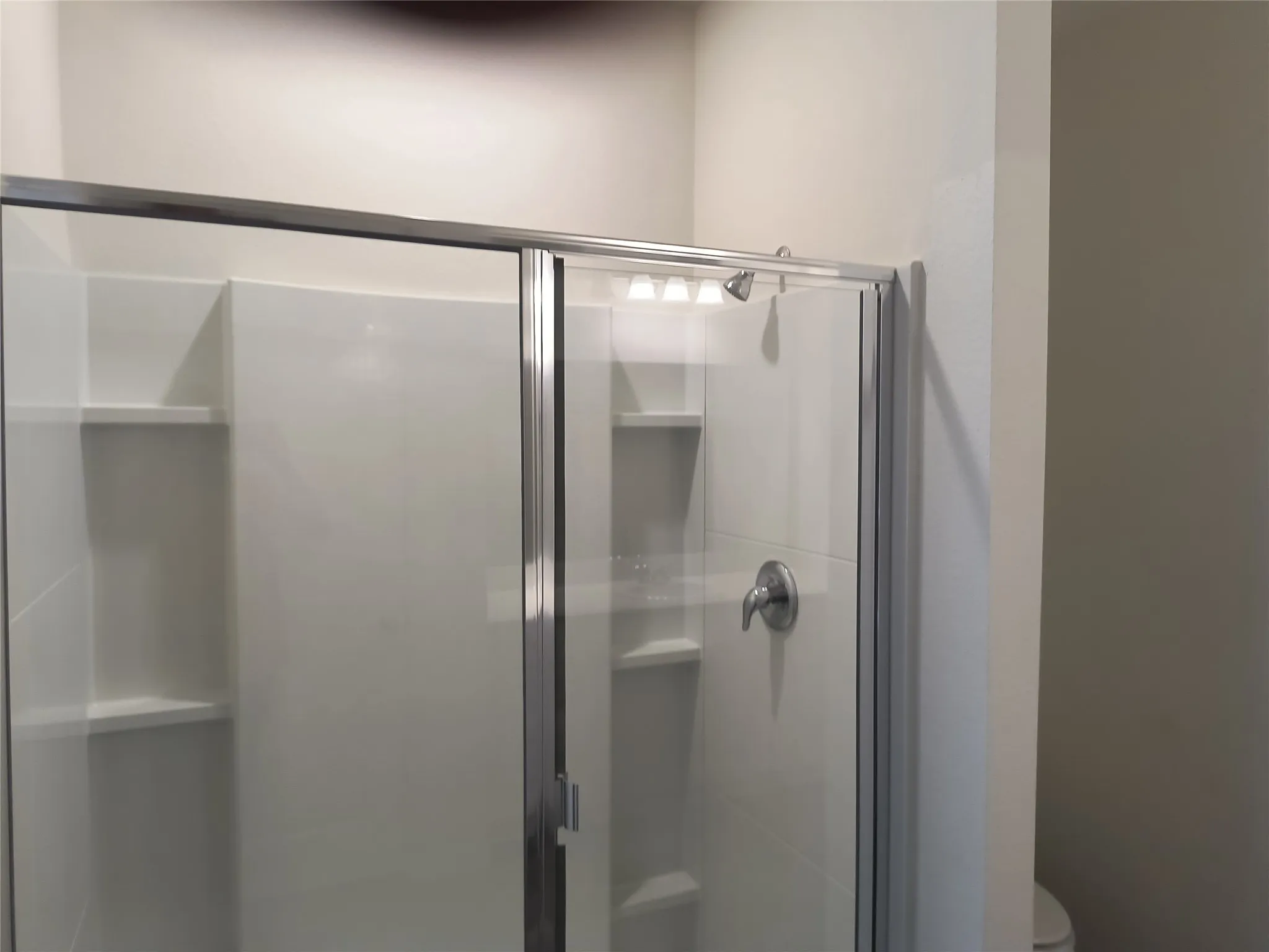 Shower enclosure with clear glass doors, chrome hardware, and built-in shelving