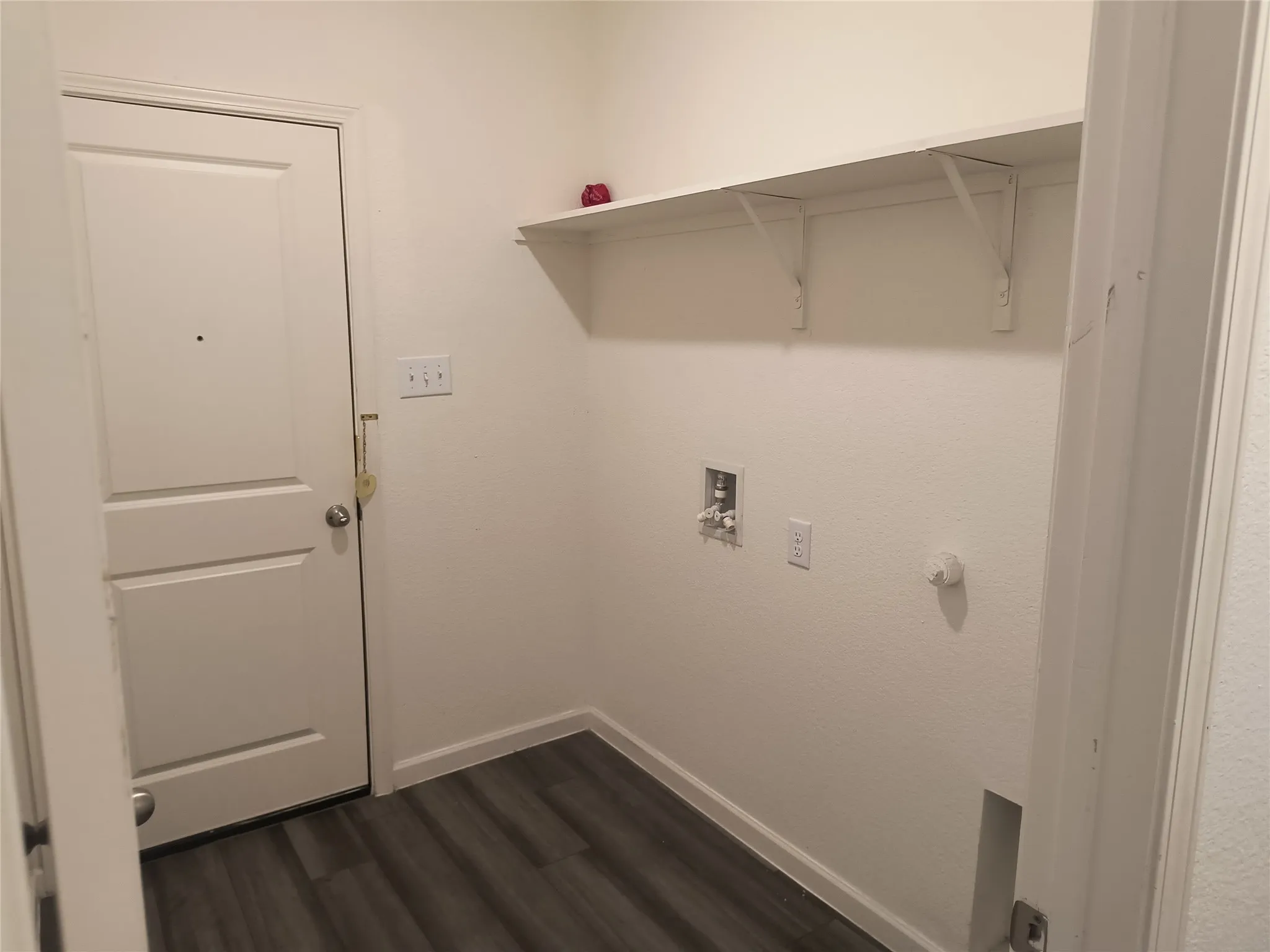 Laundry area featuring wood-finish flooring, built-in shelving, and a panel door