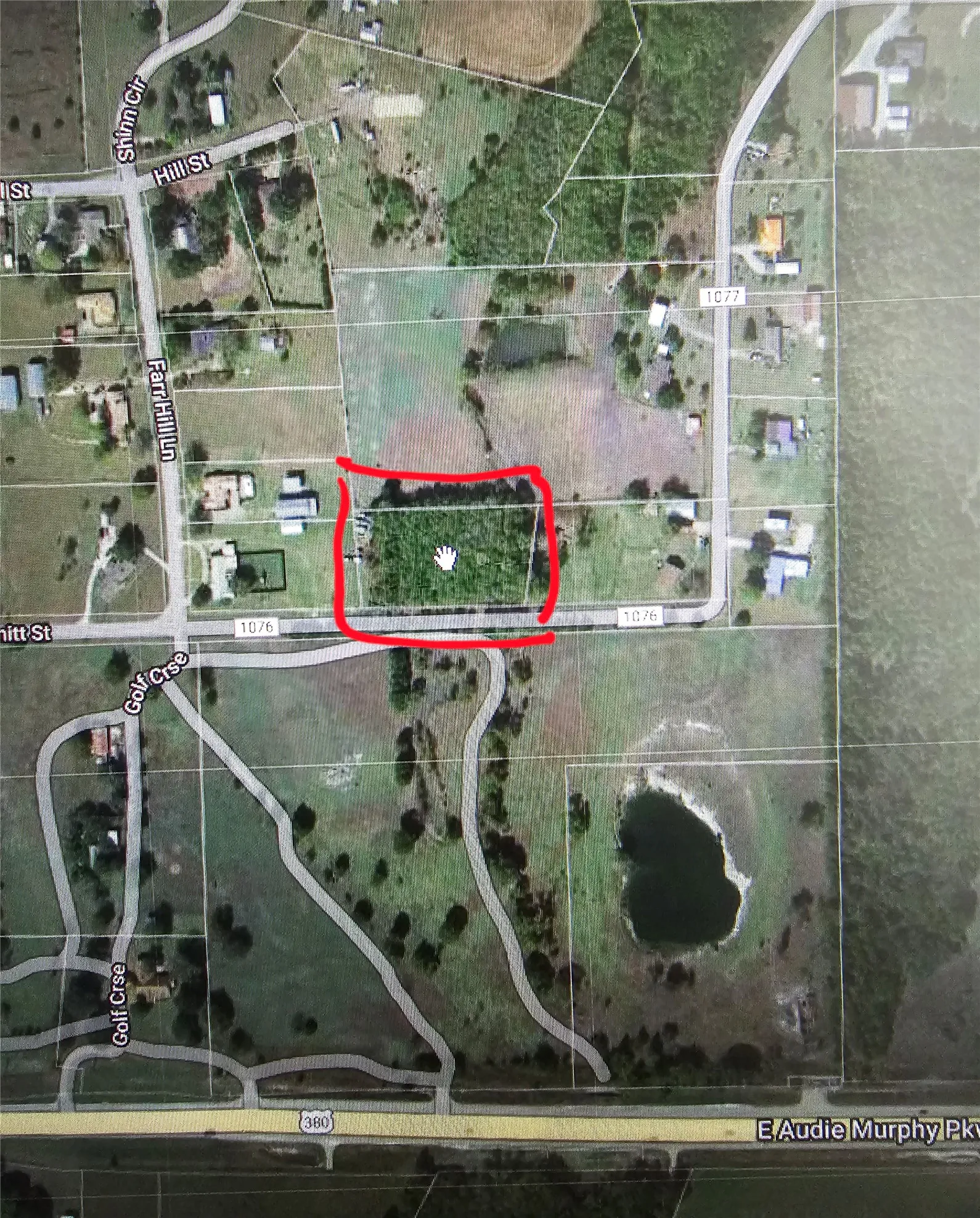 Aerial Map. Indicating the parcel of land with boundaries marked in red