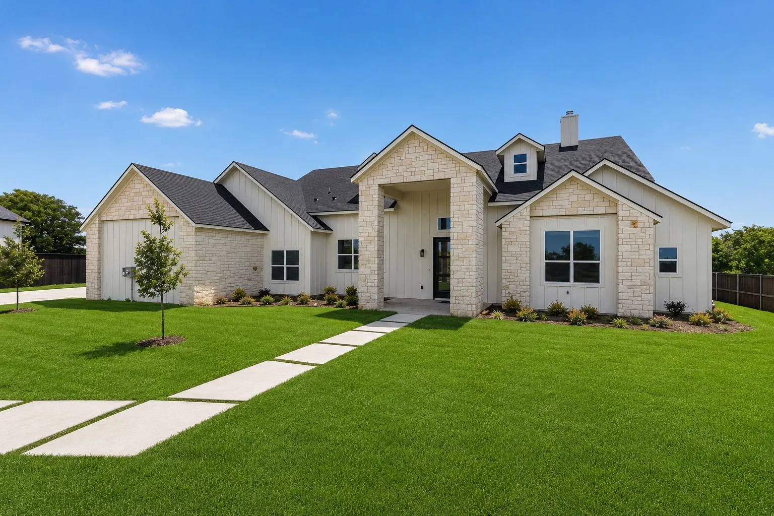 Contemporary farmhouse-style exterior featuring board and batten siding and stone accents