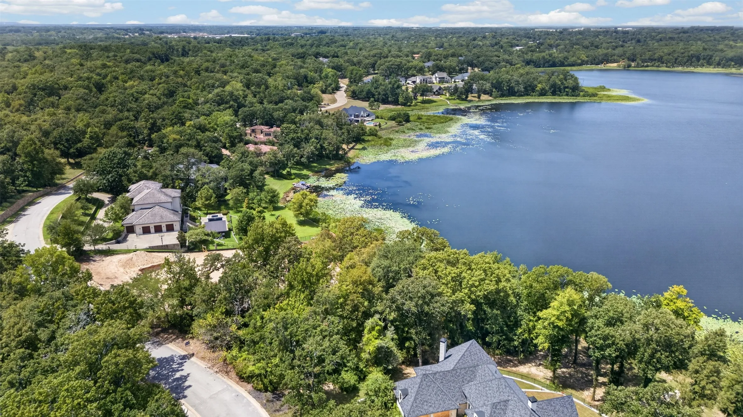 Expansive lakefront property featuring mature tree coverage, a curved paved driveway, and a multi-car garage