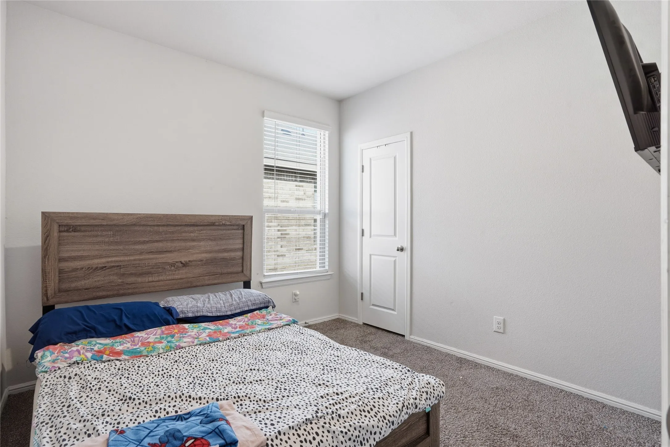 Neutral-toned interior room featuring wall-to-wall carpeting, a single-hung window with blinds, and a solid-core interior door