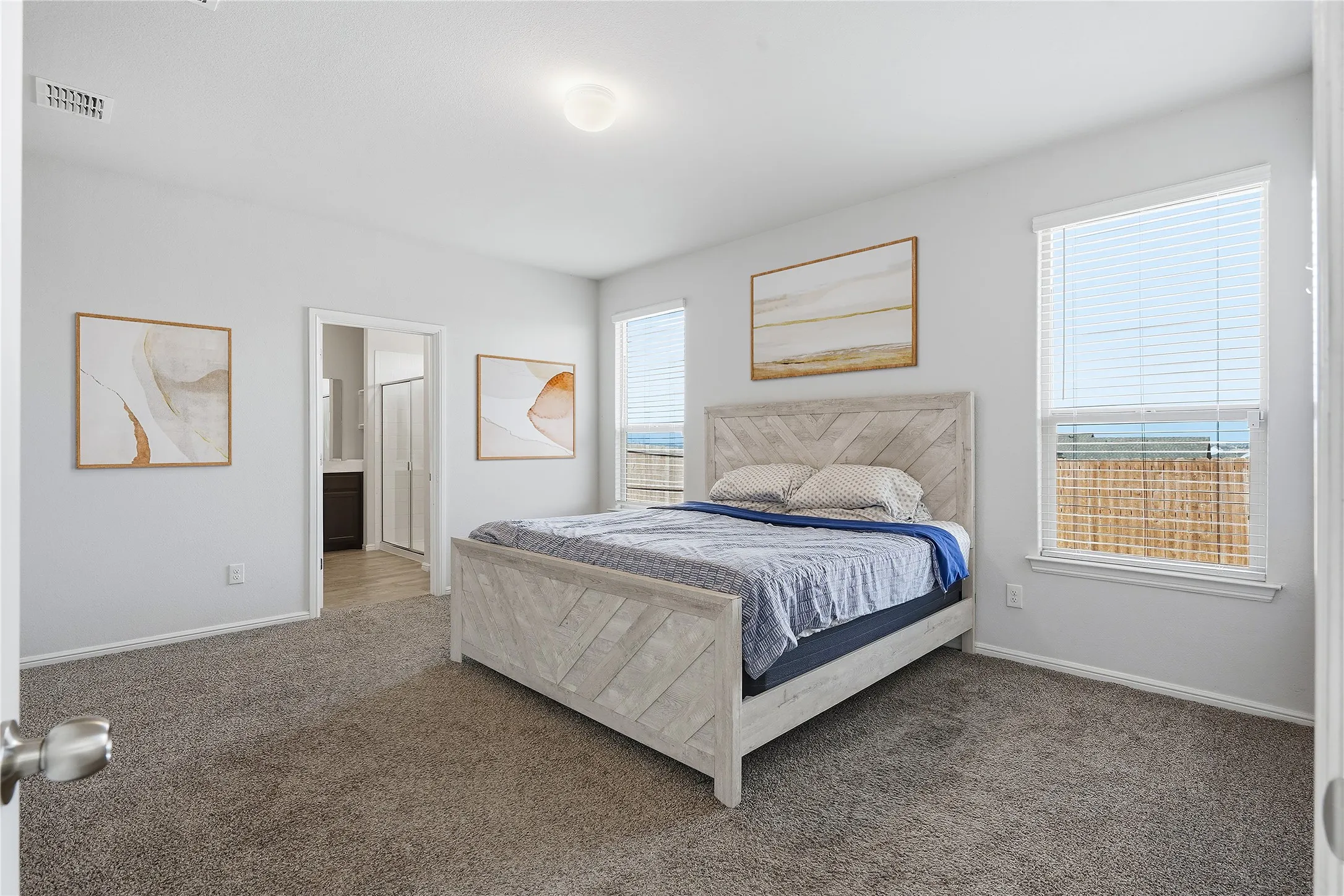 Spacious room featuring neutral carpeting, two large windows with blinds, and a central ceiling-mounted light fixture