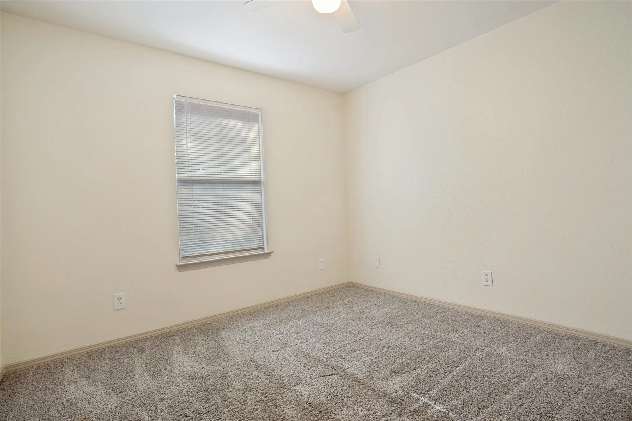 Neutral wall tones with carpet flooring and a ceiling fan