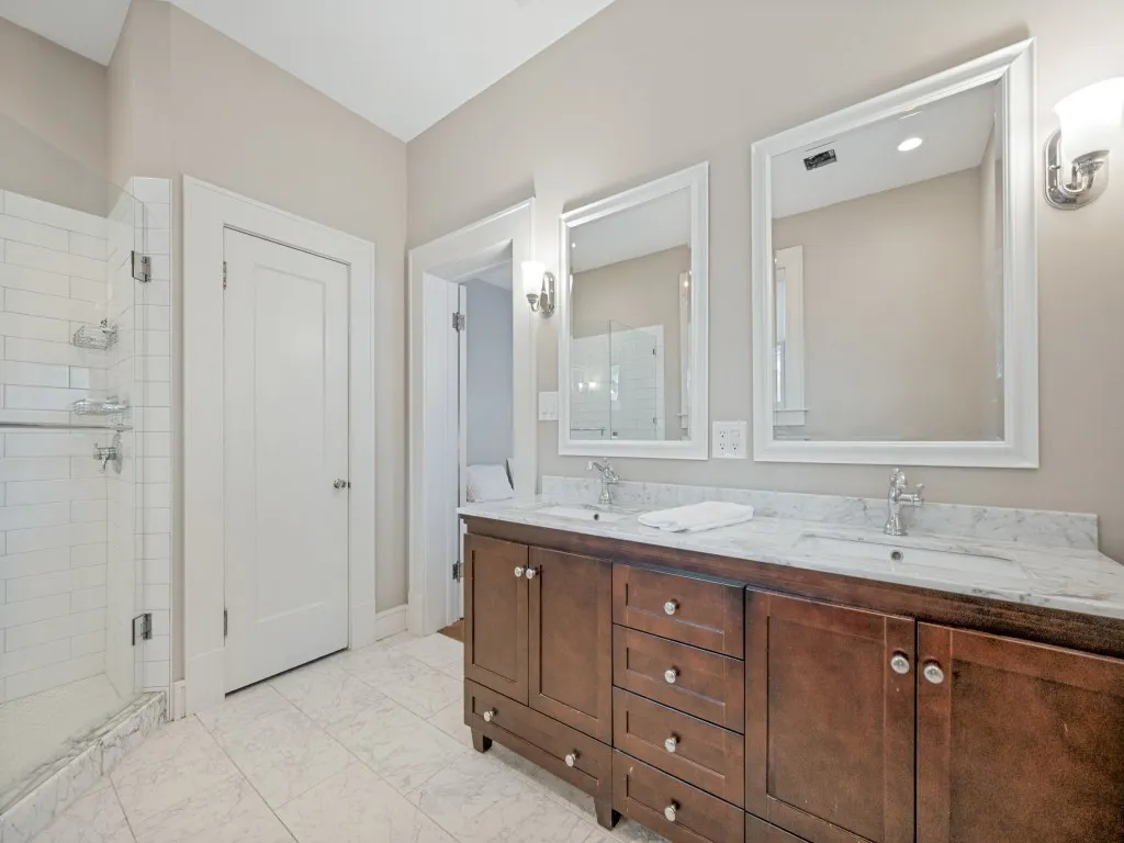 Dual vanity with integrated sinks and stone countertop