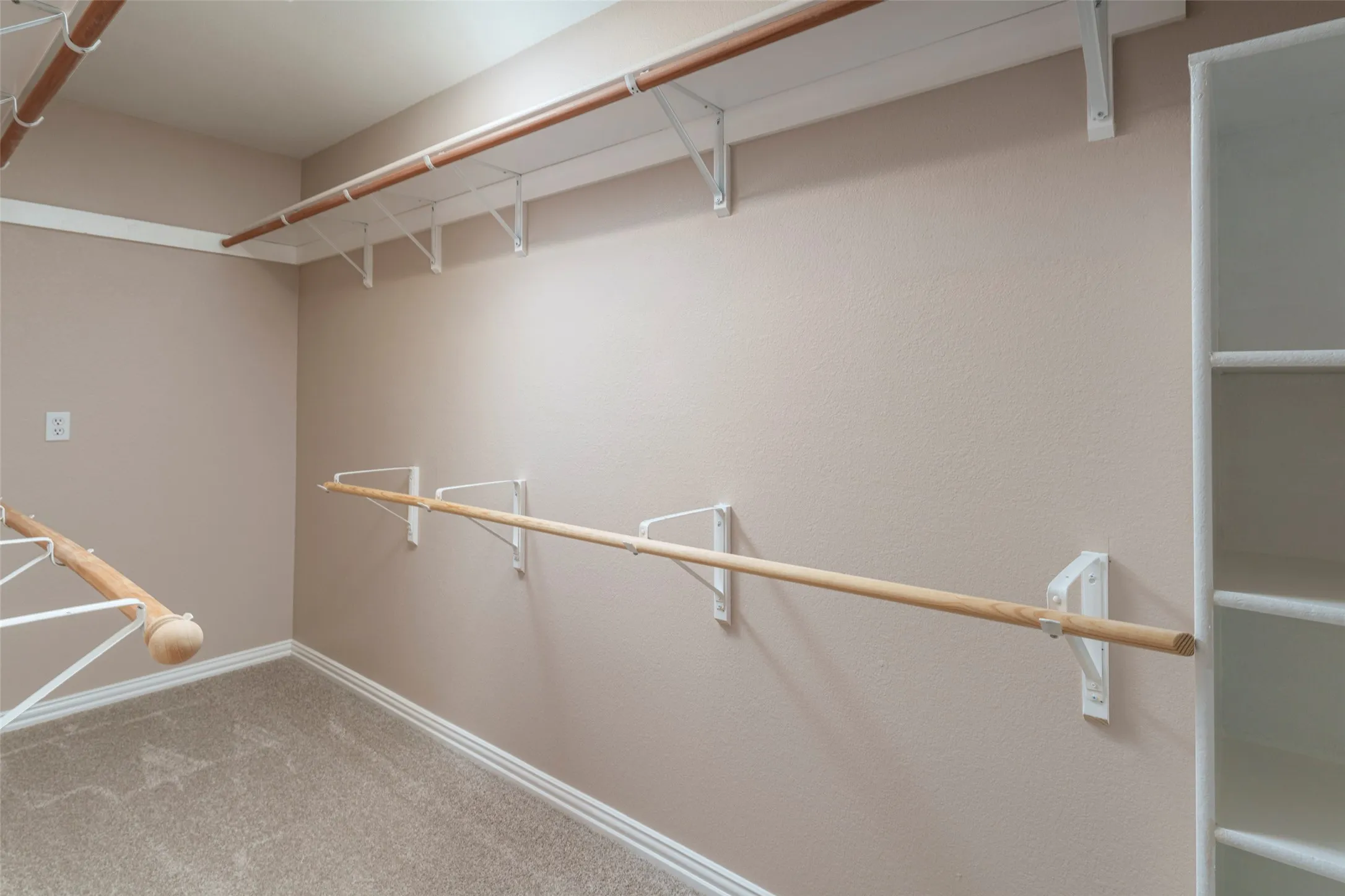 Walk-in closet featuring carpet flooring, built-in shelving, and wood-finish hanging rods with white brackets