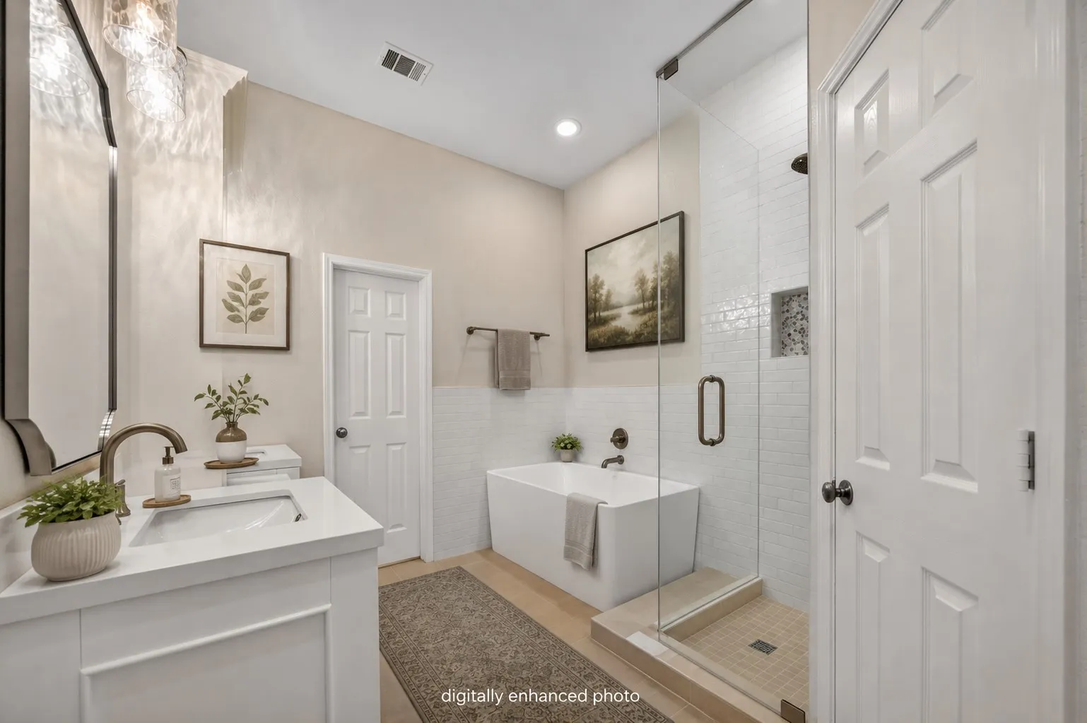 Contemporary bathroom featuring a freestanding soaking tub, a glass-enclosed shower with tile surround, a single vanity with an undermount sink and quartz countertop, and bronze-finish fixtures