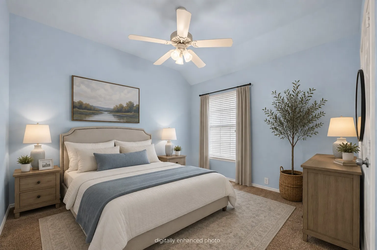 Vaulted ceiling with a ceiling fan, window with blinds and drapes, and neutral tone carpet