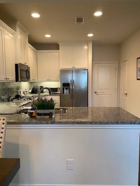 Kitchen featuring white cabinetry, stainless steel appliances, speckled stone countertops, a tile backsplash, and recessed lighting