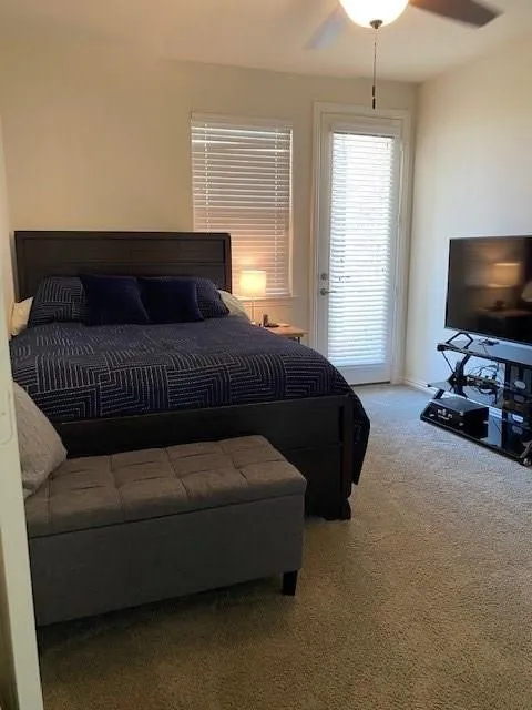 Carpeted flooring, ceiling fan with integrated lighting, window with blinds, glass-paned door with blinds
