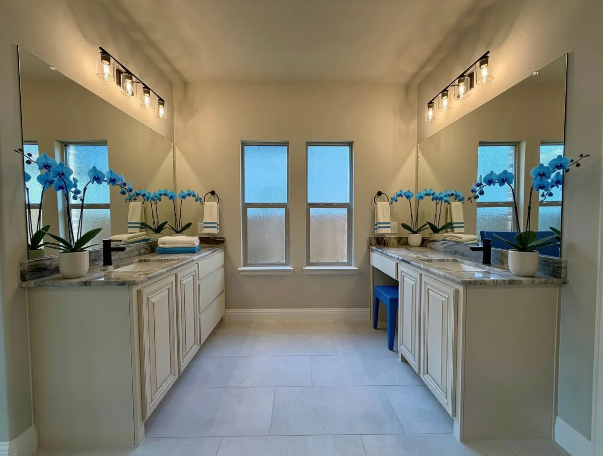 His & hers vanities with Fantasy Brown Granite, Sooji white cabinets, and 15x30 Cloud white tile