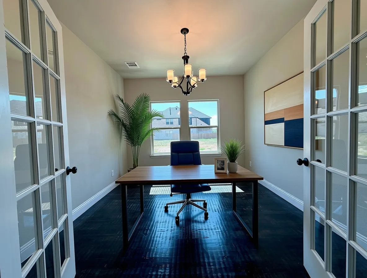 Elegant study with chandelier (can switch for fan) with hardwood floors and French doors