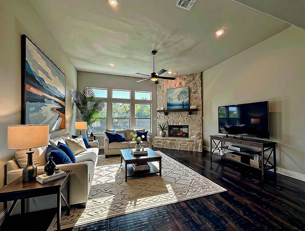 Family room at the heart of the home with a wall of windows, hardwoods, can lights, stone fireplace, and ceiling fan