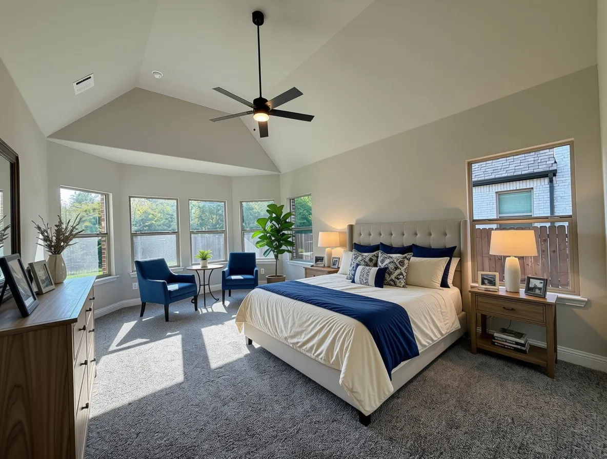Master bedroom offers vaulted ceilings, bay window, and ceiling fan