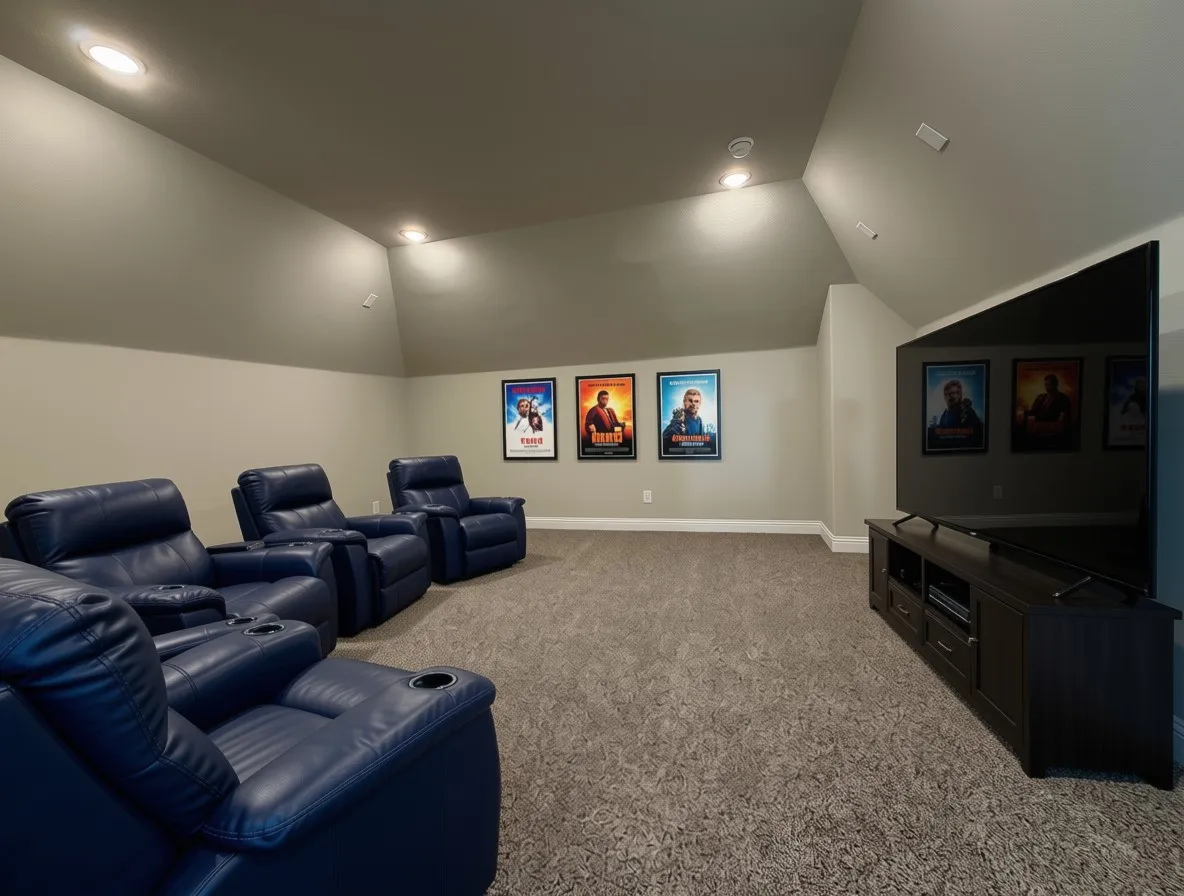 Media room has double doors, can lights, and is pre-wired for surround sound