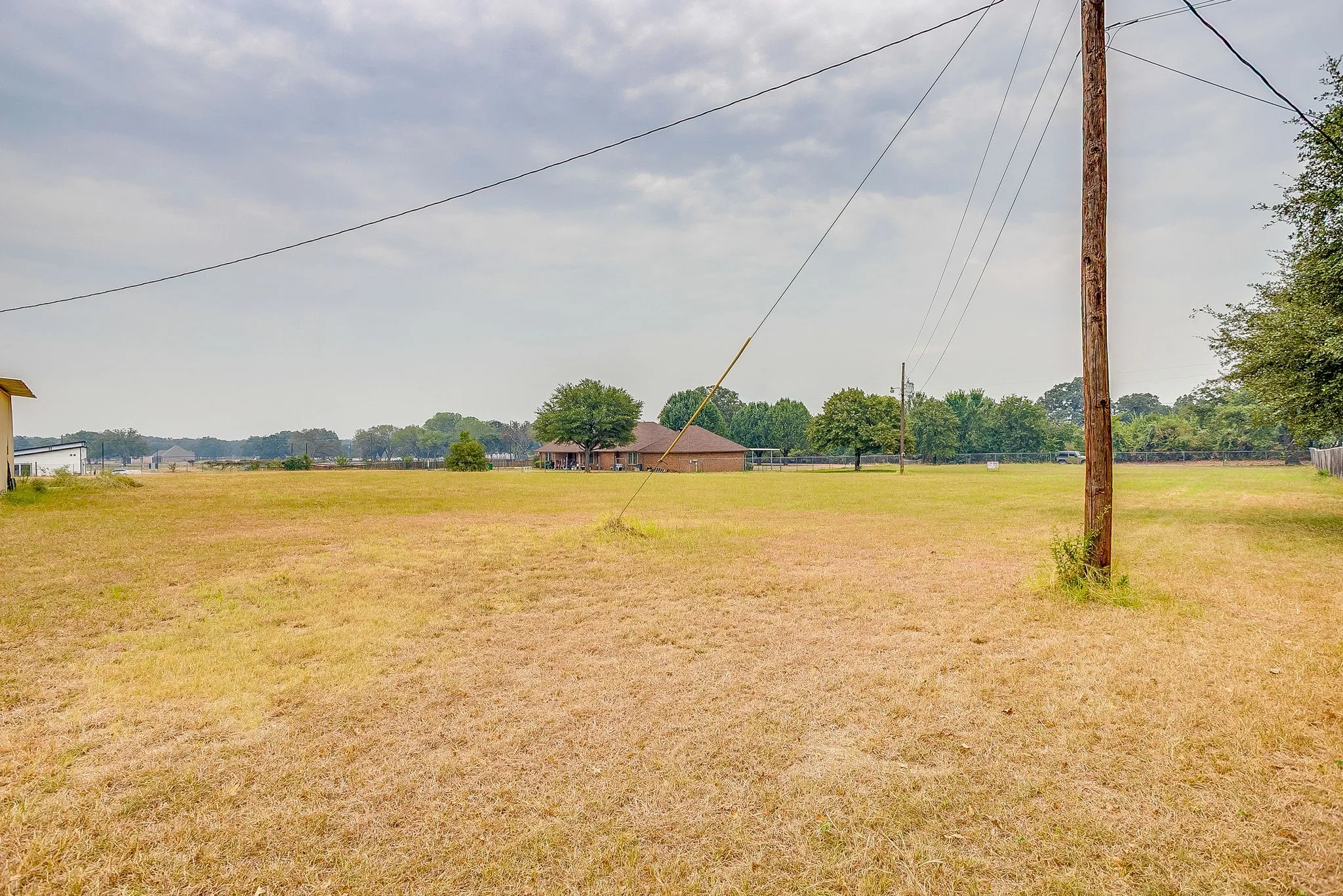 Expansive open field with scattered trees and a distant single-story structure