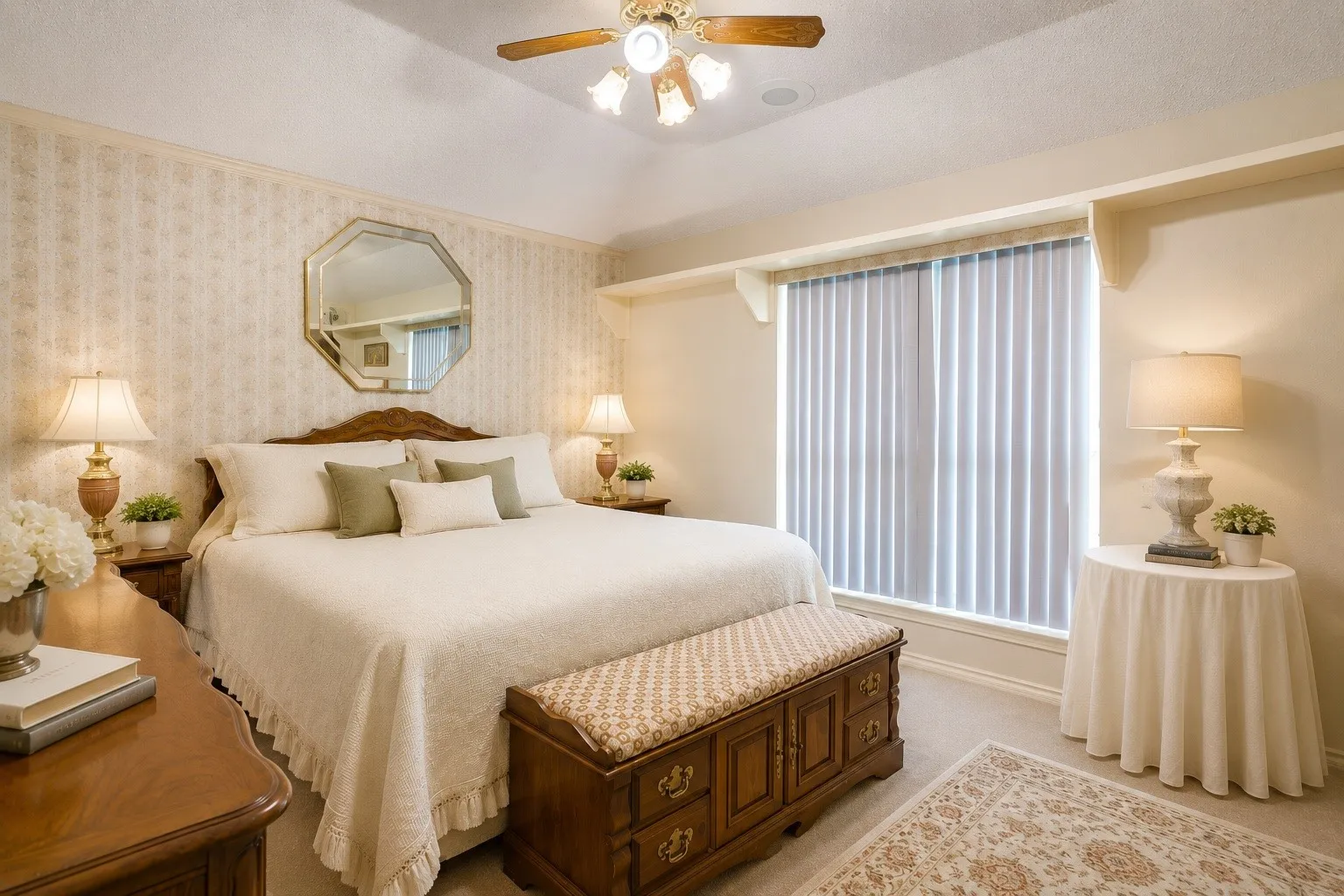 Window with vertical blinds, textured wallpaper, ceiling fan with integrated lighting, and carpeted flooring (Virtually edited & staged)