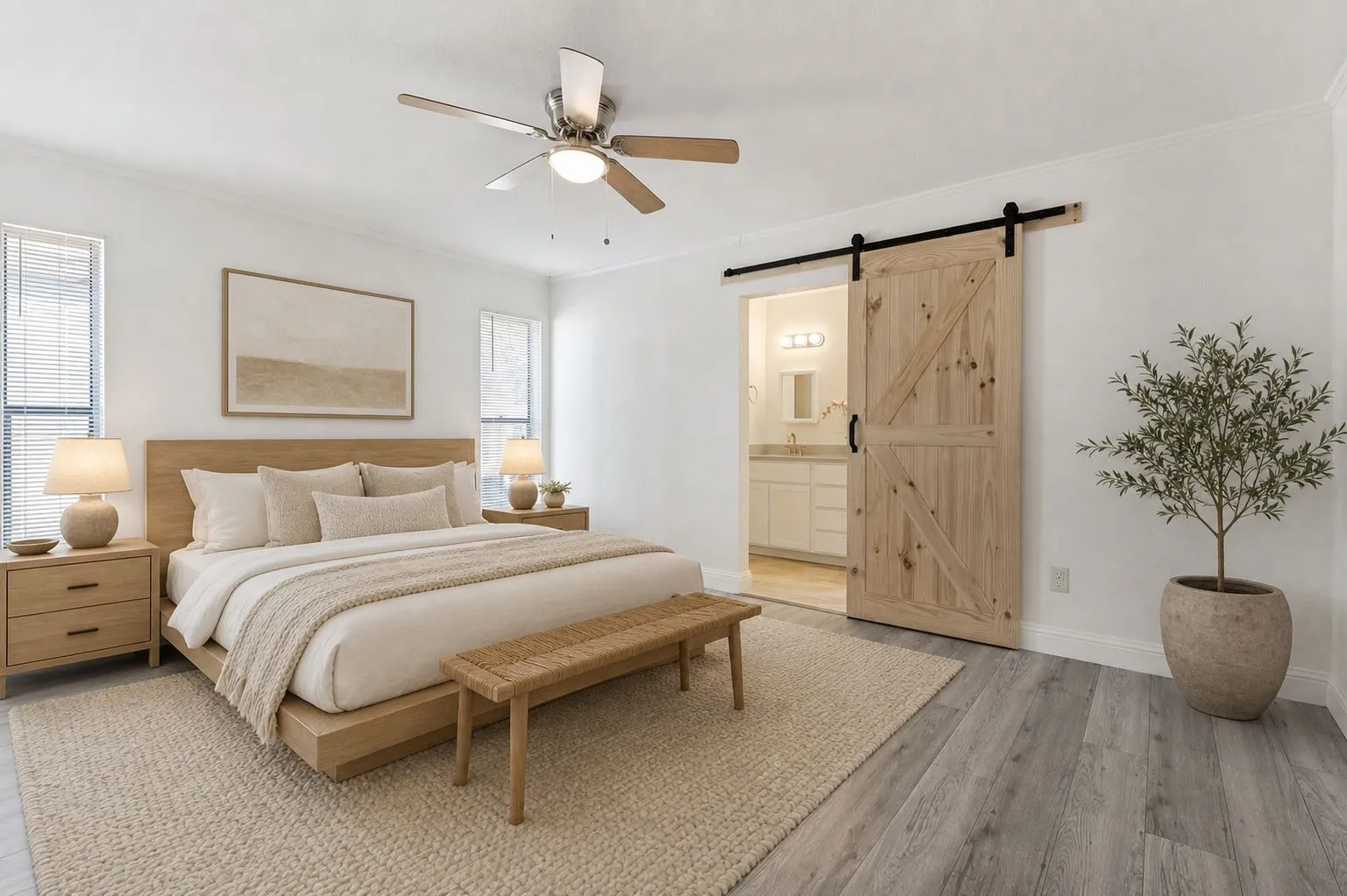 Primary bedroom with a barn door entry to the primary bath