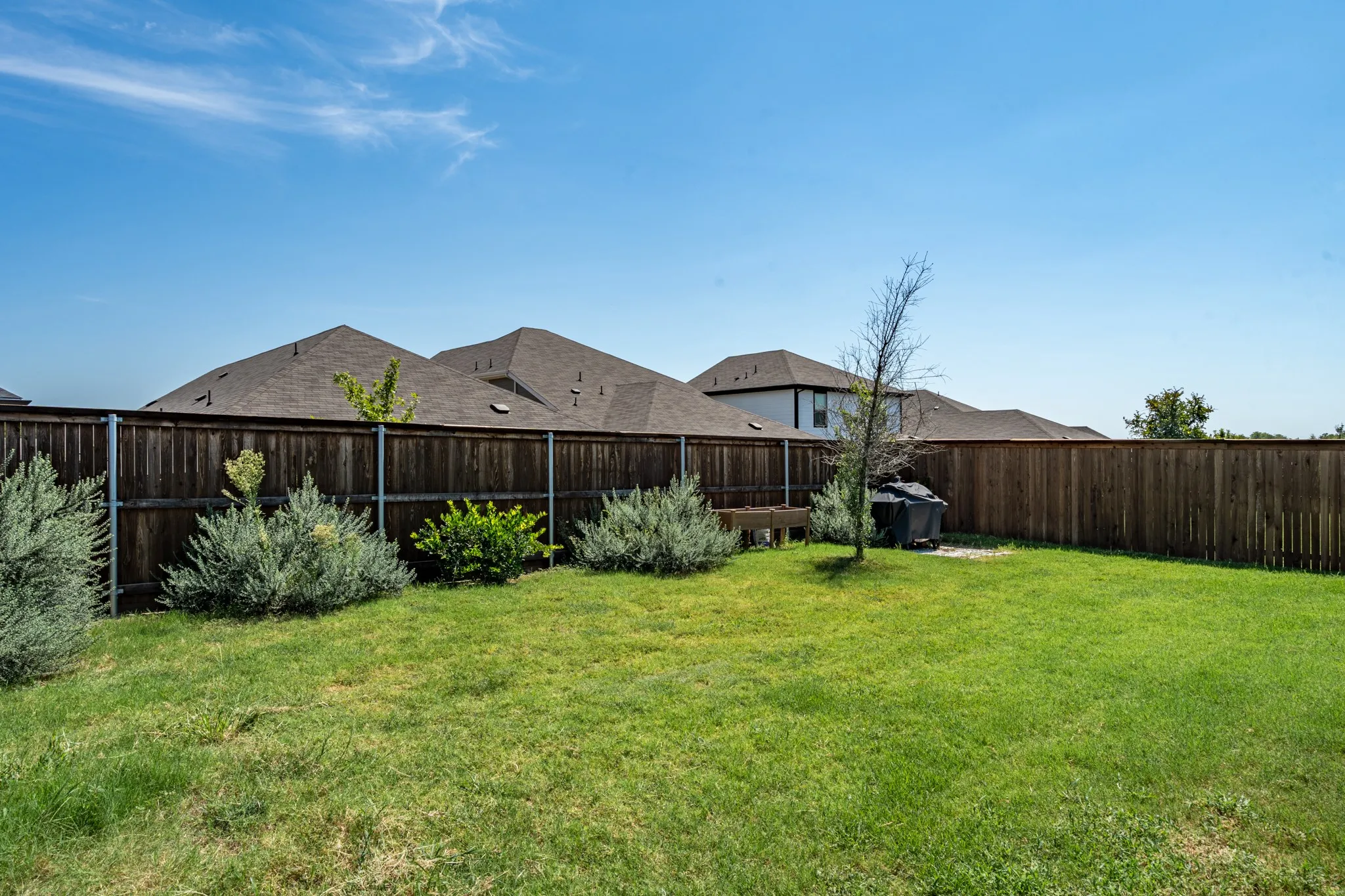 Generous, fully enclosed backyard featuring a pristine green lawn, decorative garden beds, and a designated outdoor cooking area.