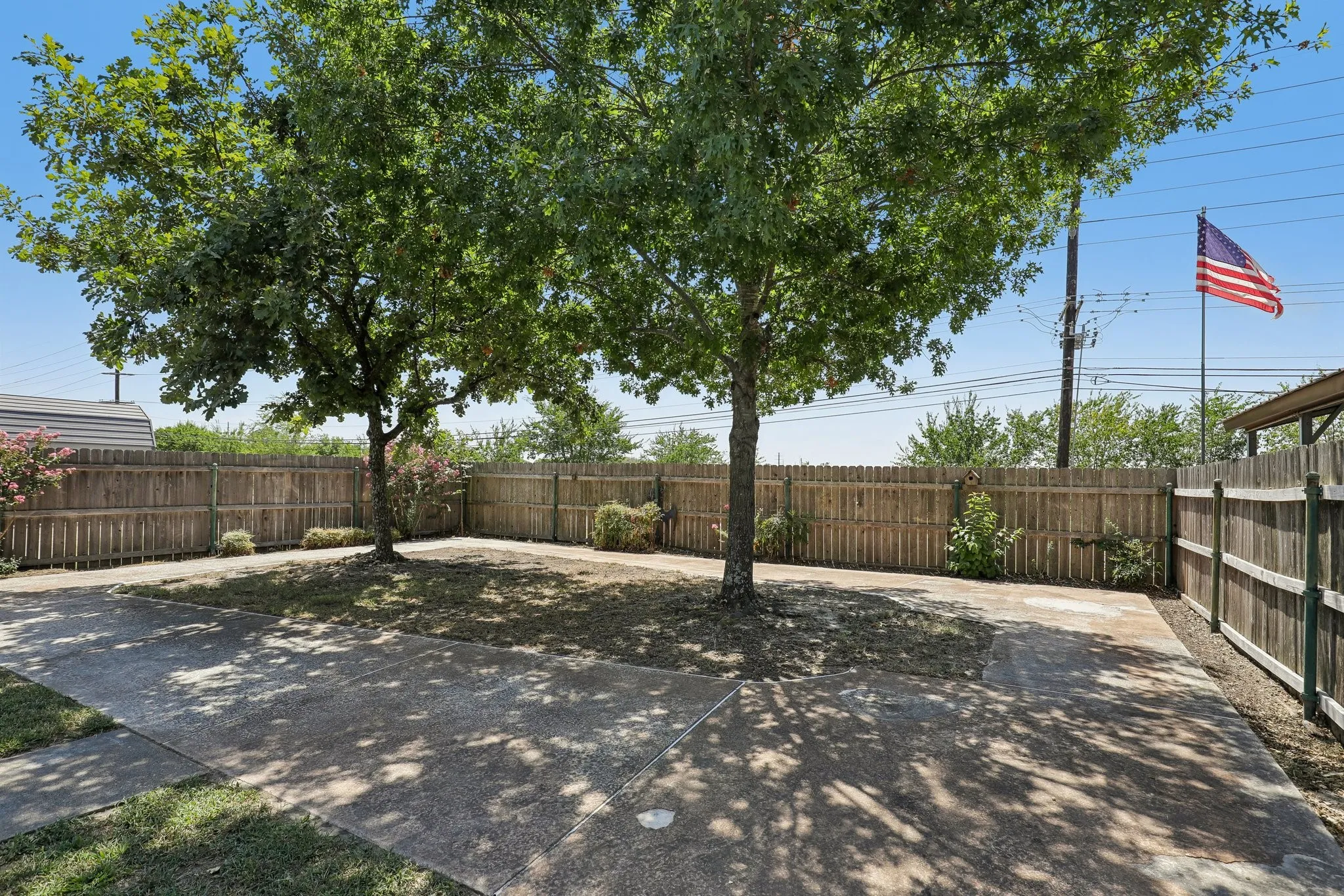Expansive paved outdoor area with mature trees and a wooden privacy fence