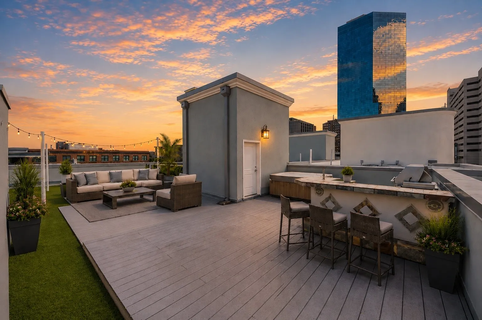 Rooftop Retreat With Artificial Turf, Hot Tub, And Outdoor Grill