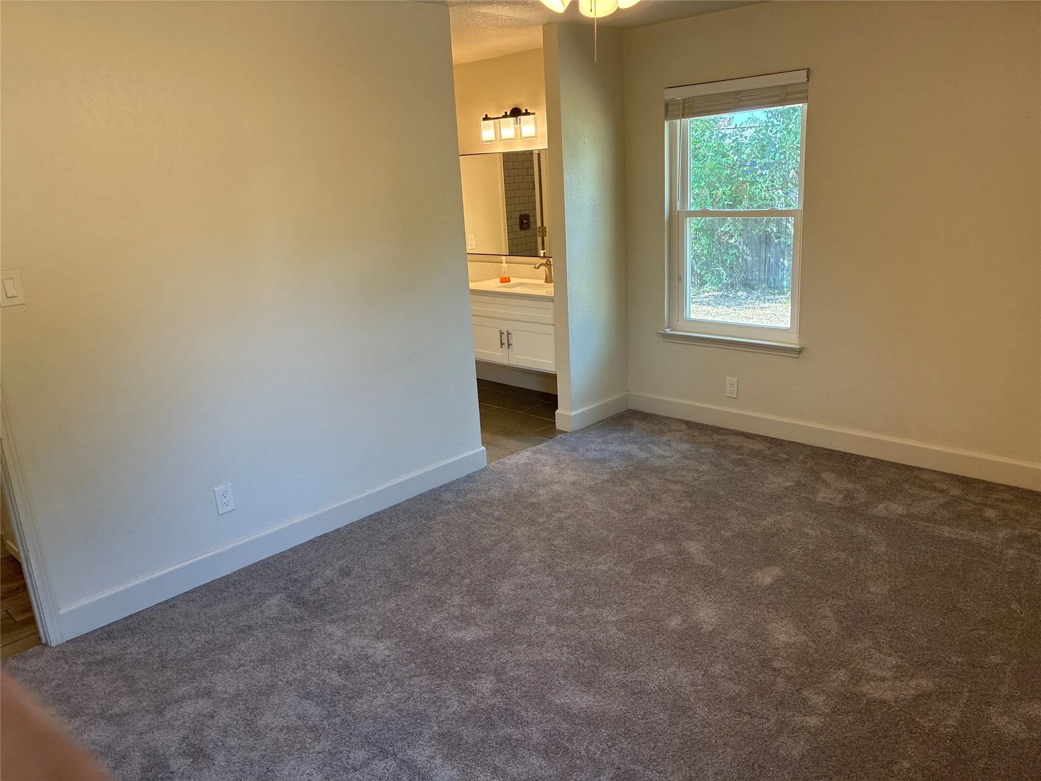 Plush carpeting, a bright window, and an attached bathroom with a vanity and wall-mounted light fixture