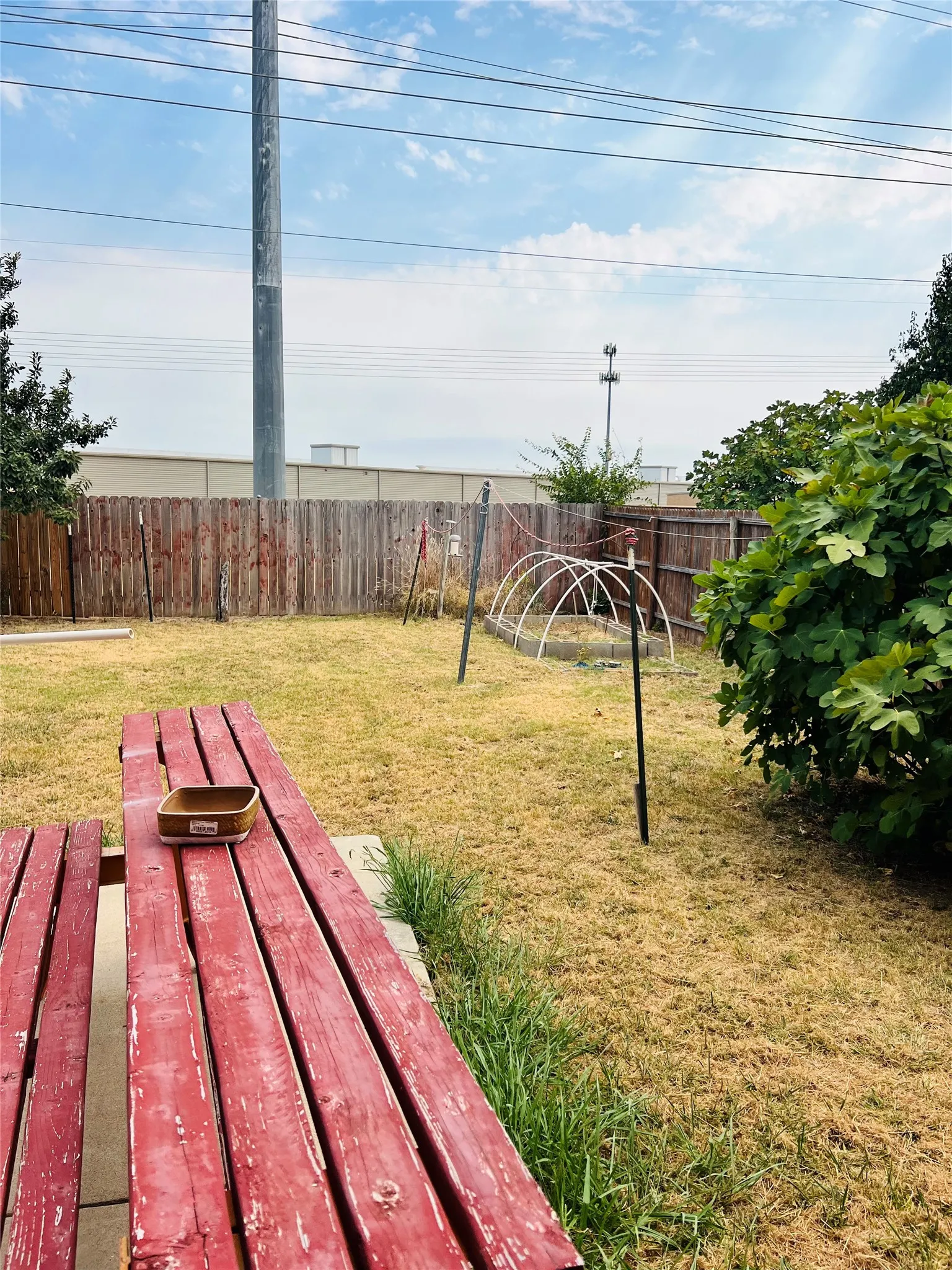 Expansive outdoor space featuring a wood fence, mature plantings, and a designated garden area