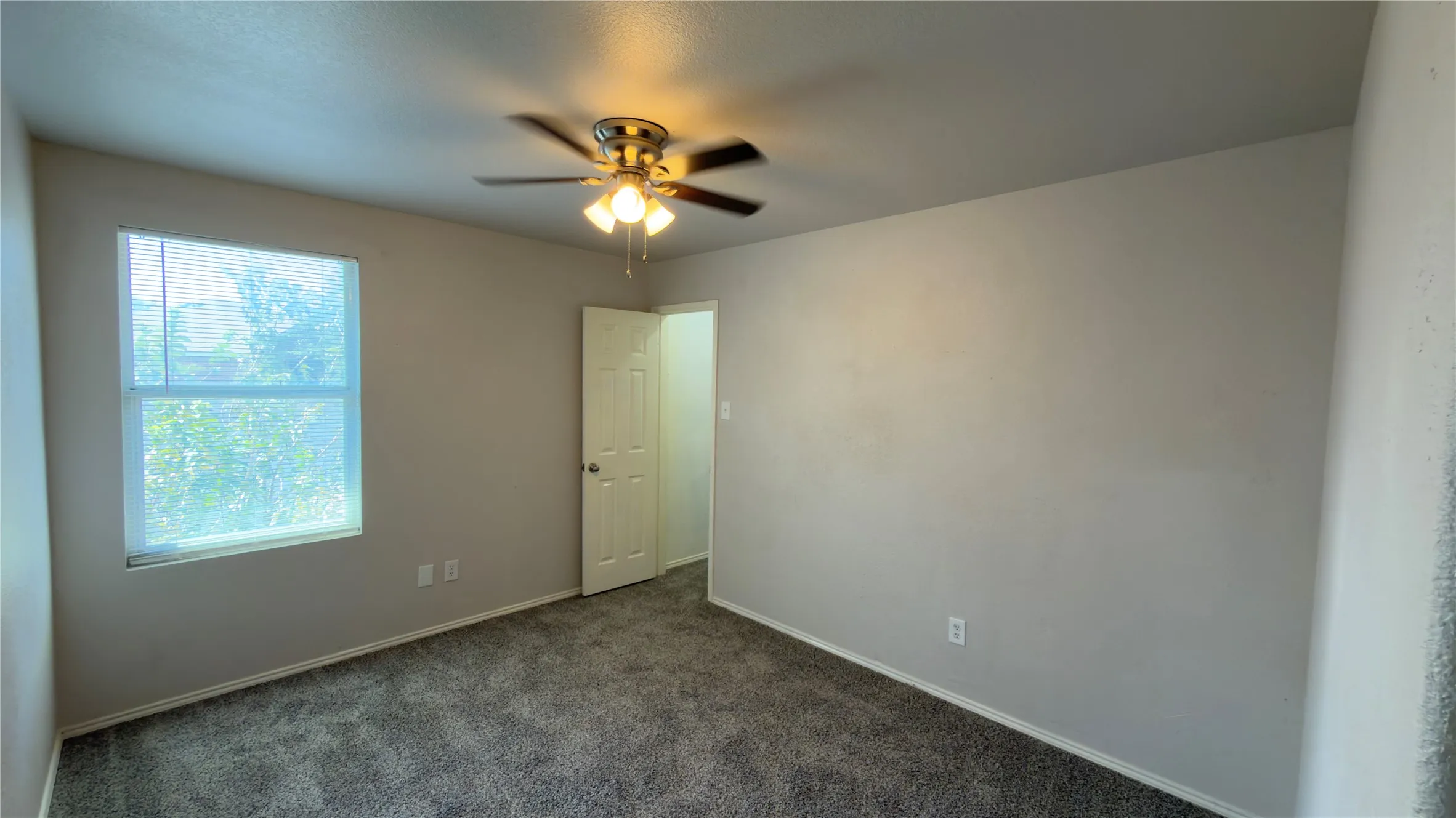 Carpeted room featuring a ceiling fan with light fixture and a window with blinds