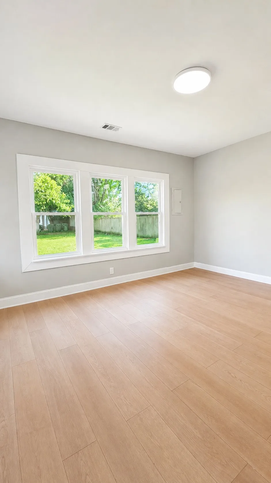 Light wood-finish flooring, white trim, and a three-pane window